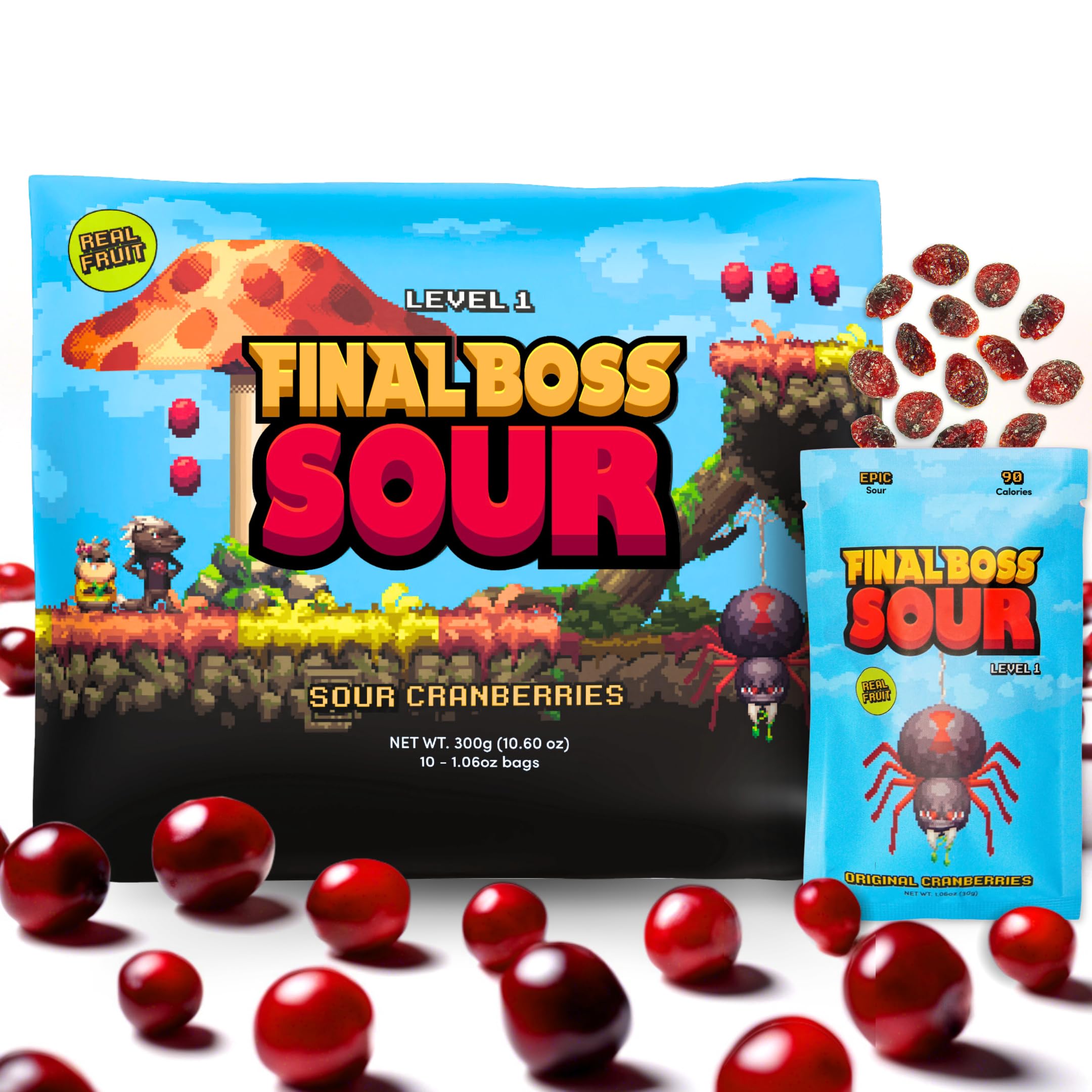 Final Boss Sour Candy, Extremely Super Sour Gummy Candy, Natural Chewy Cranberry Gummies Made with Dried Fruit, Free of Artificial Colors, Low Calorie Healthy Snack for Kids & Adults, 1.06oz, 10 Pack