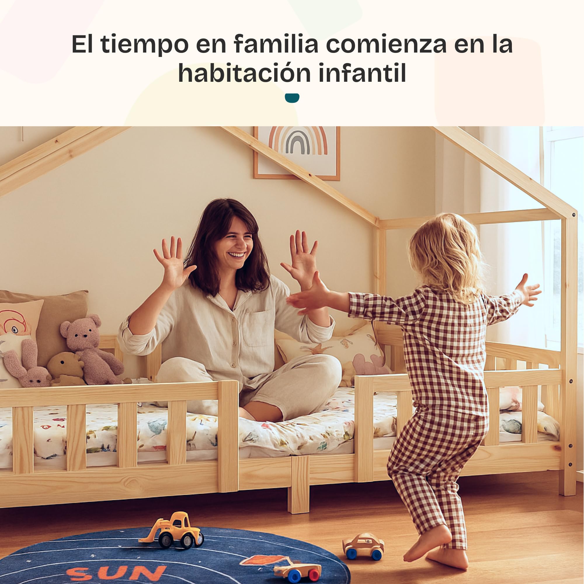 [en.casa] Cama para niños Casita Treviolo hasta 120 kg Cama Infantil con Reja Protectora Forma de casa de Madera Pino 120 x 200 cm - Pino Natural