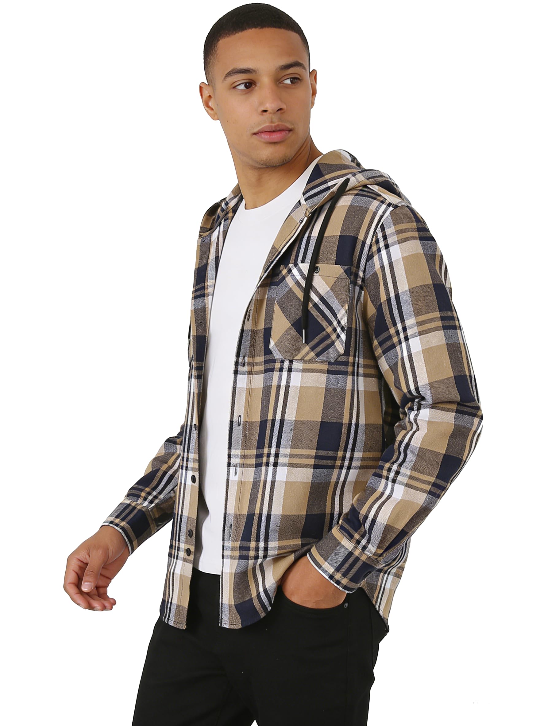 Hooded Flannel Shirt for Men Casual Button Down Shirt Long Sleeve Plaid Hoodie with Pocket