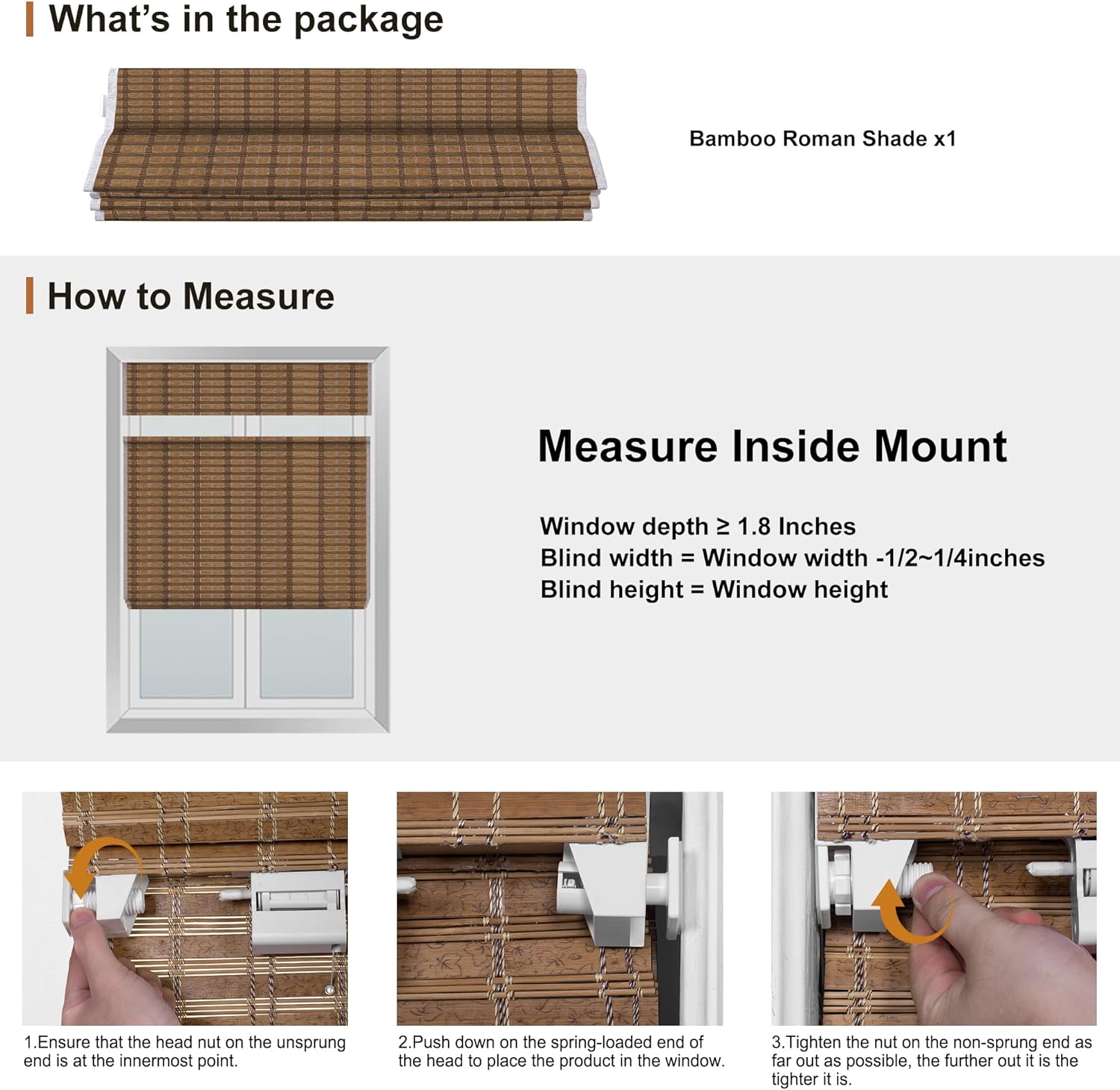Top Down Bottom Up No Drill Cordless Bamboo Roman Shades, Room Darkening Blinds for Interior Windows, Blackout Window Treatment, Bamboo Blinds for Windows, LM28A01,55" W x 72" H