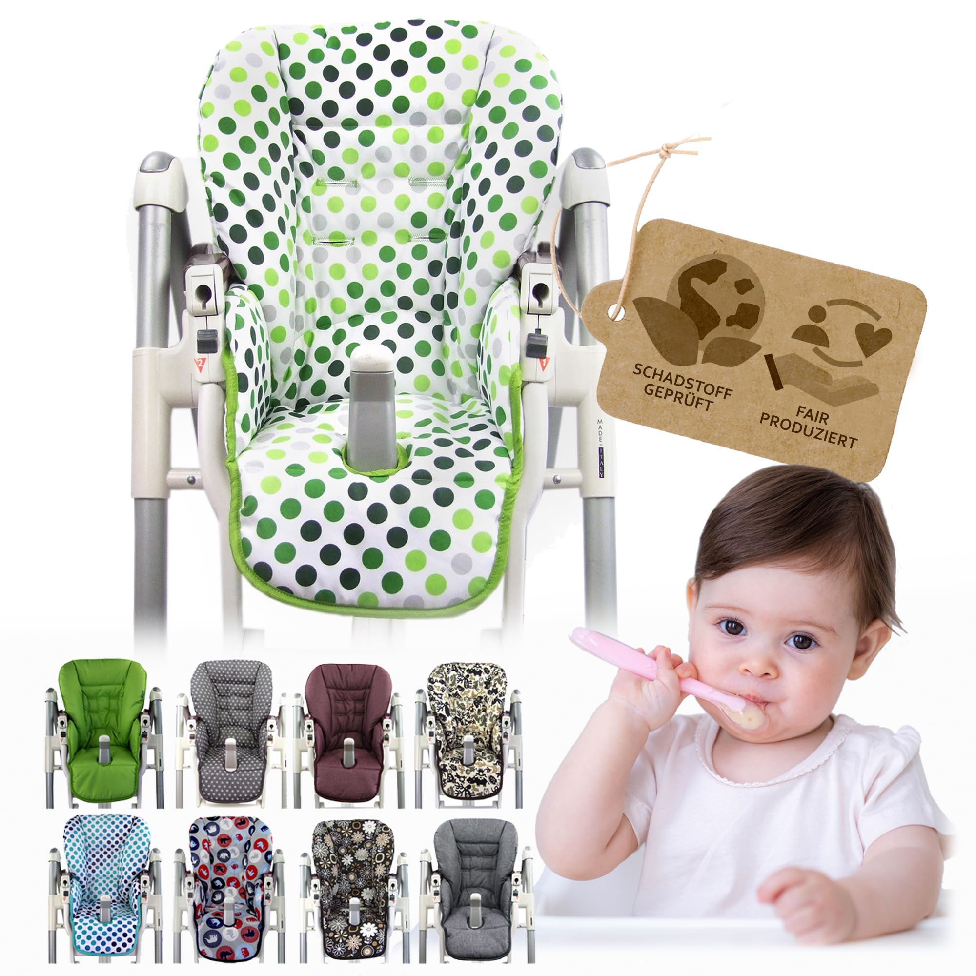 BAMBINIWELT poszewka na poduszkę do siedzenia, kompatybilna z Peg Perego Prima Pappa Diner DESIGN (pistacjowe kropki)