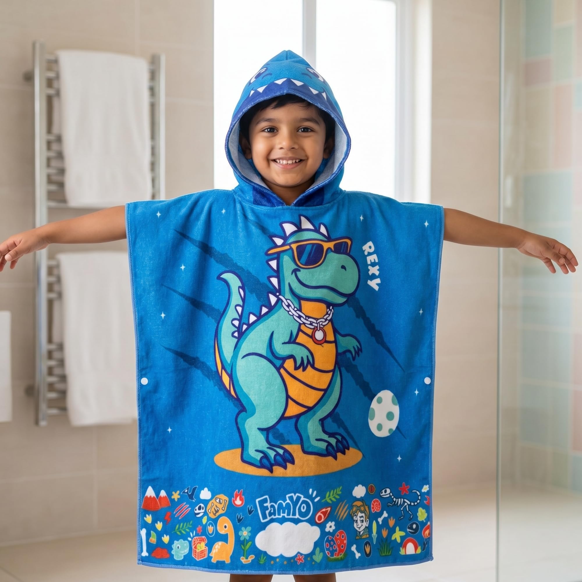 famyo® hood maxx poncho towel for kids 1–7 years| quick dry kids towel| soft lightweight baby wrap for beach | 60 x 60cm toddler pool towel for boys & girls | micro-fiber bath towels | rexy the dino