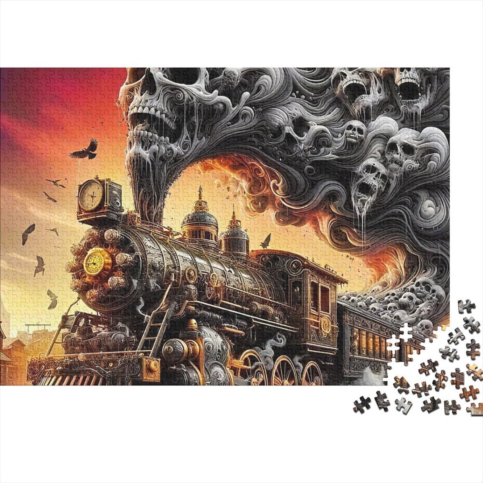 1000 Pieces Skull Train Jigsaw for Adults Paper Educational Steam Engine Puzzle Wall Decor Stress Relief 38x26cm/1000pcs