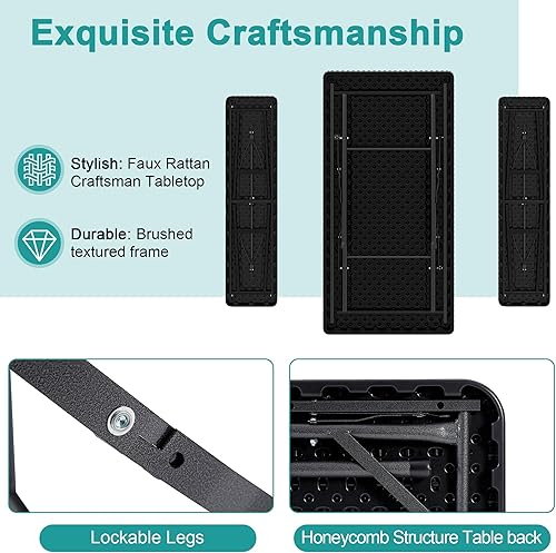 Miniatura 5 de VECELO Mesa de picnic plegable de 3 piezas con bancos, juego de patio de ratán sintético de 47.2 pulgadas con bolsa de malla, resistente al calor y