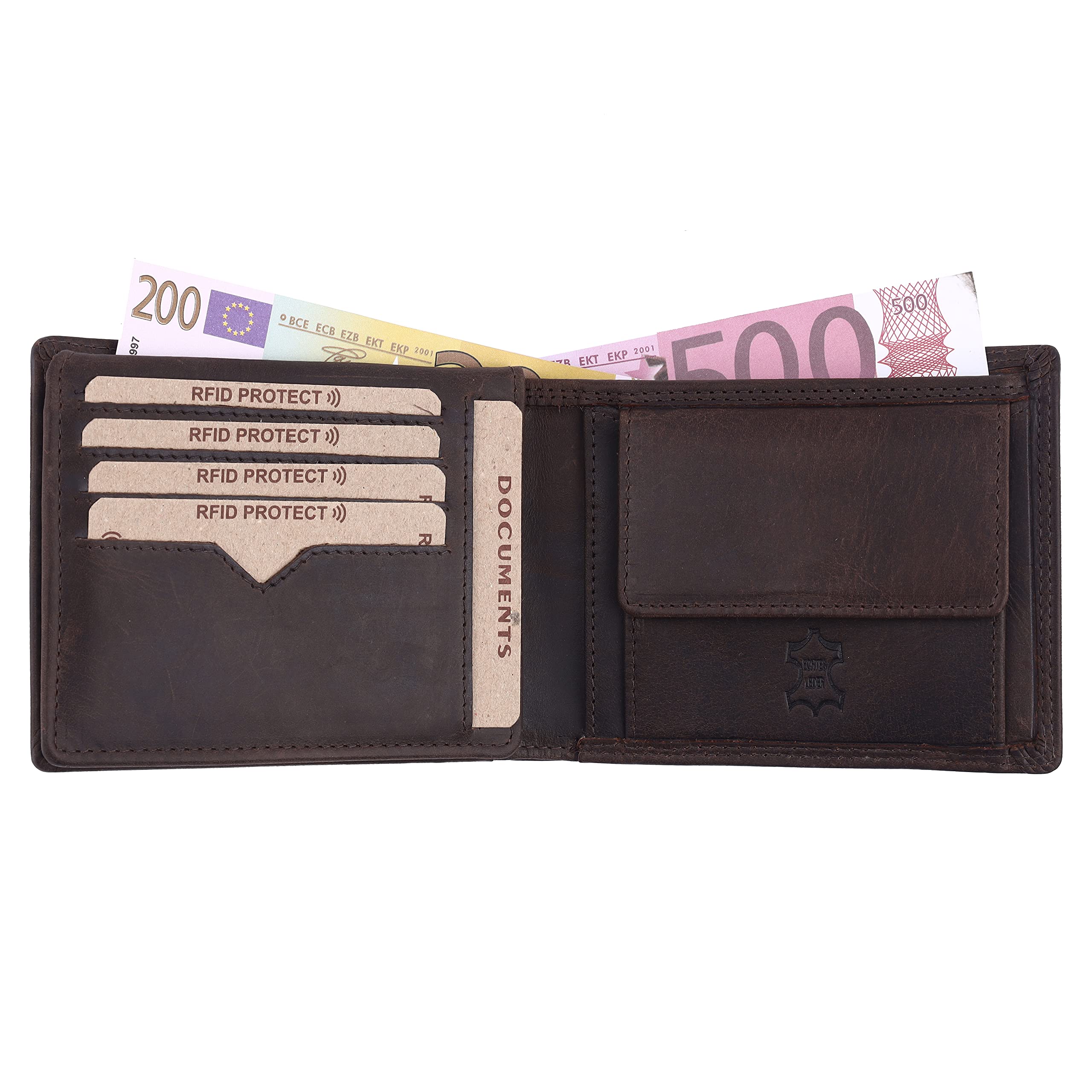 Portafoglio in pelle con protezione RFID | Portafoglio con scomparti protetti per carte di credito | in pelle di alta qualità con scomparto portamonete e protezione per carte di credito, marrone