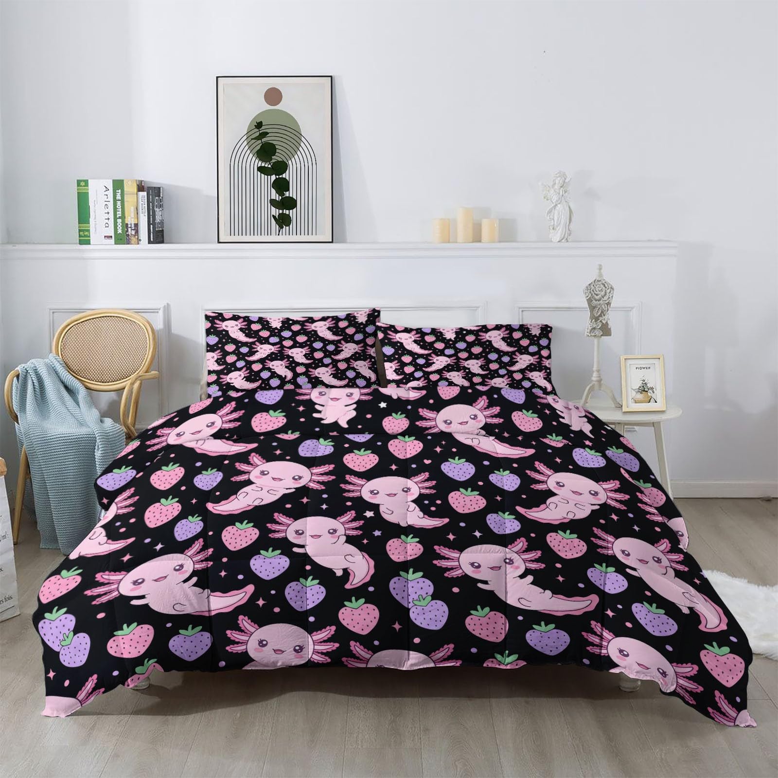 Träumerisch Girly Kołdra na 4 pory roku, 155 x 220 cm, miękka i nadająca się do prania, oddychająca kołdra bez poszewki, słodka, meksykańska aksolotl, dwustronna, różowo-fioletowa, letnia kołdra