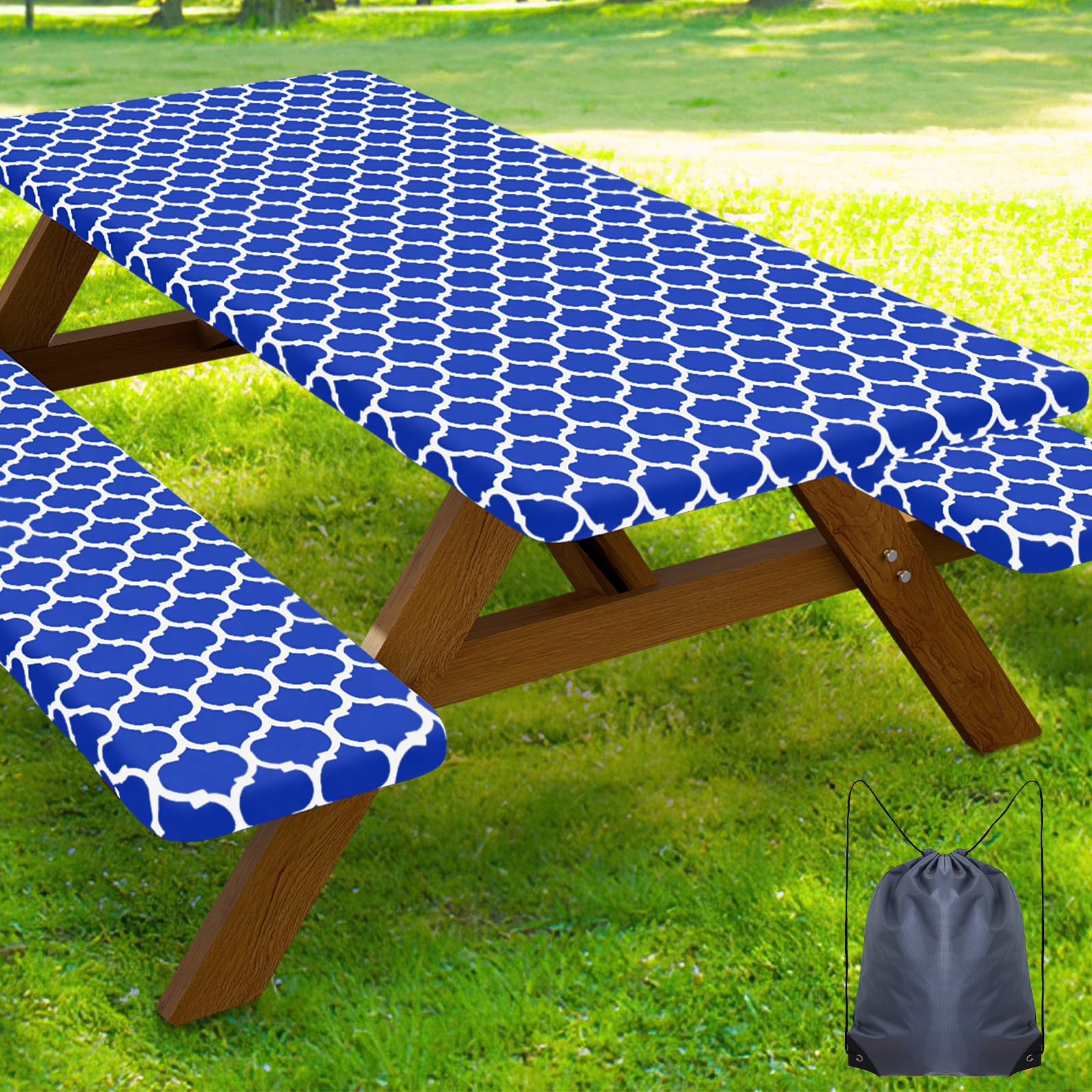 Smiry Picnic Table Cover with Bench Covers, Waterproof Elastic Fitted Tablecloth for 6 Foot Tables, Washable Polyester Tablecloths for Camping, Indoor &amp; Outdoor (Blue, 30x72 Inch 3-pc Set)