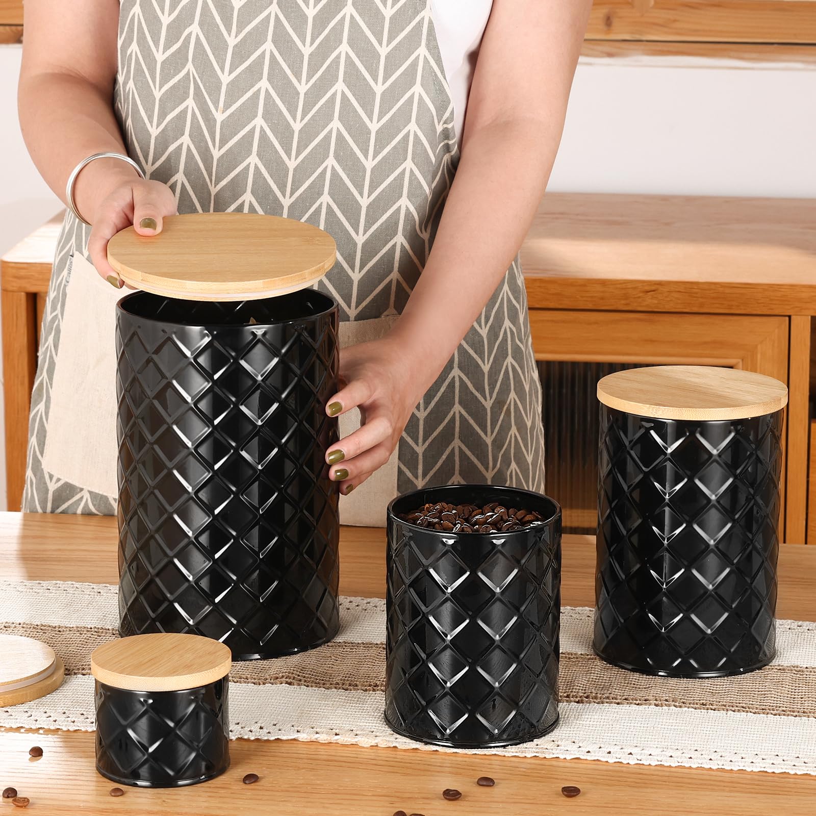 FavorFlavor Weselljars czarne pojemniki na blat kuchenny, zestaw 6 pojemników na mąkę i cukier, do przechowywania kawy i herbaty, nowoczesna dekoracja domu wiejskiego