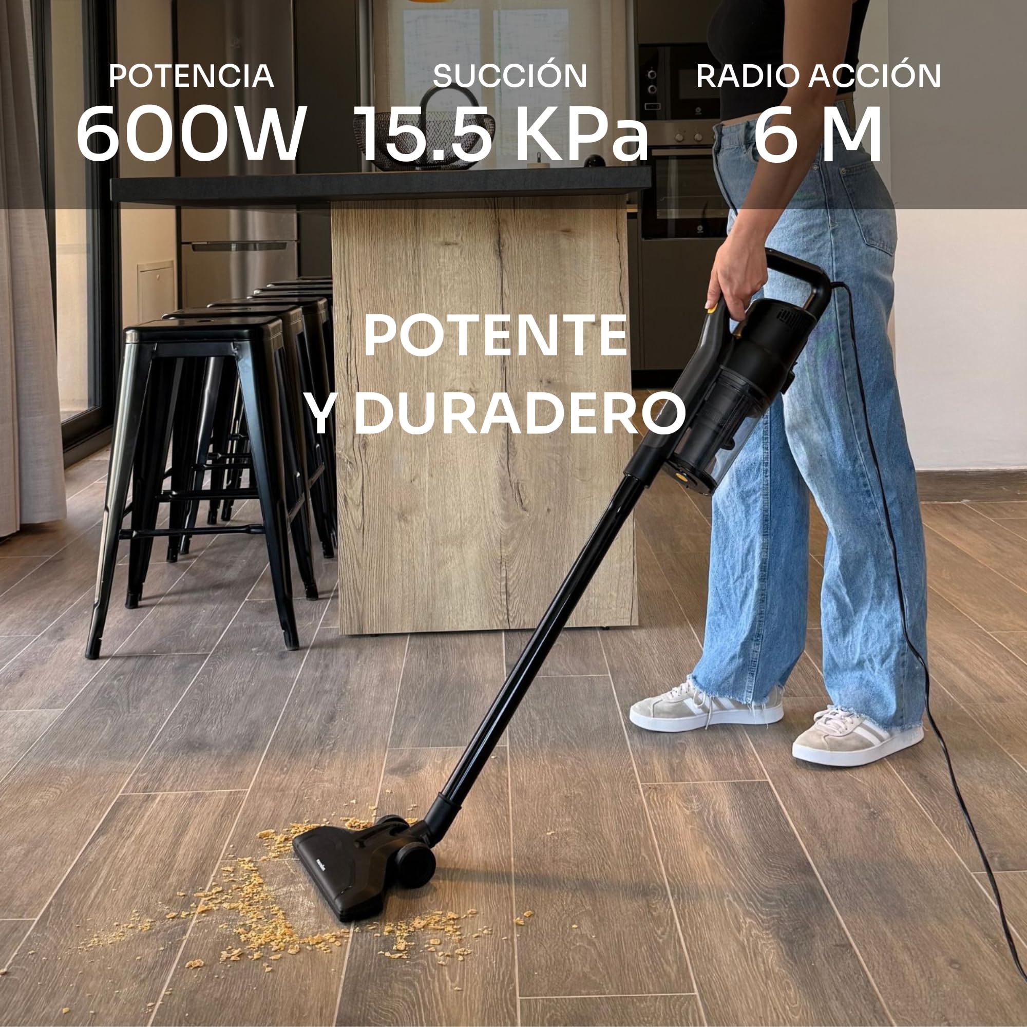Mellerware - Aspirador Escoba Cleany 600W | Potencia de Principio a Fin | Boquilla 2 en 1 | con Cable | Elimina Polvo, Pelos y Suciedad | Ligero y Fácil de Mover