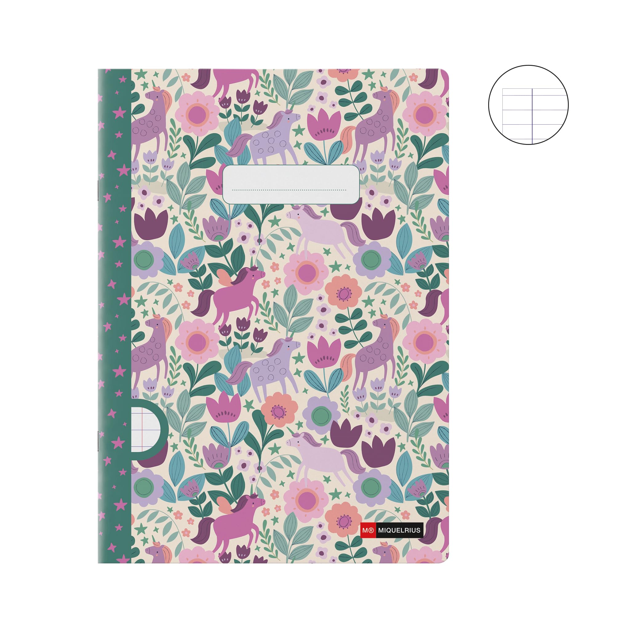 Miquelrius - Cahier agrafé A4 ligné, 48 feuilles papier extra opaque 70 g/m², reliure agrafée, couverture cartonnée plastifiée, garde imprimée, espace pour le nom, Flower - 3