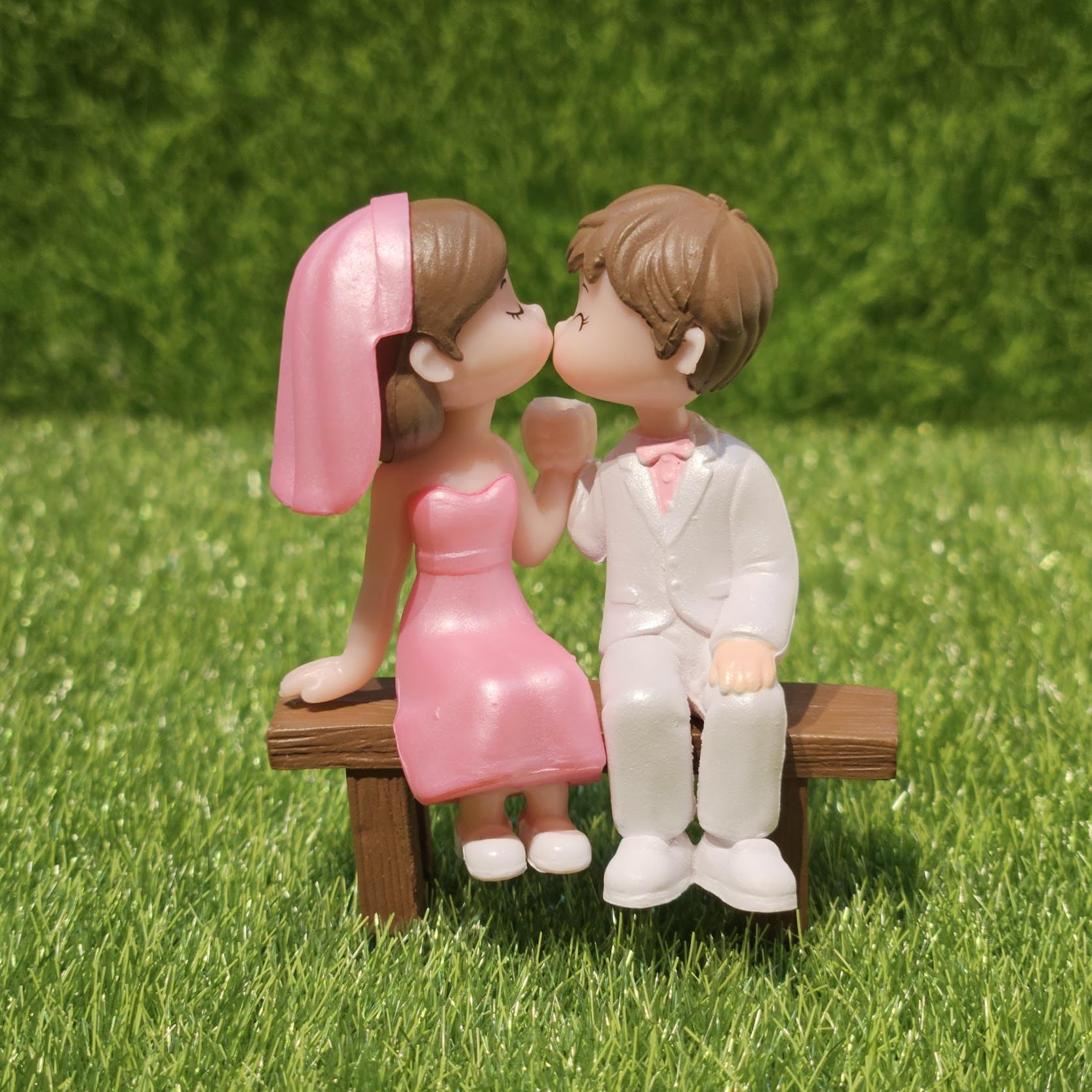 Miniature Cute Couple Figurine, PVC Wedding Cake Topper, Bride and Groom on Bench, Dollhouse Accessory, Garden Decor (Pink Wedding Couple)