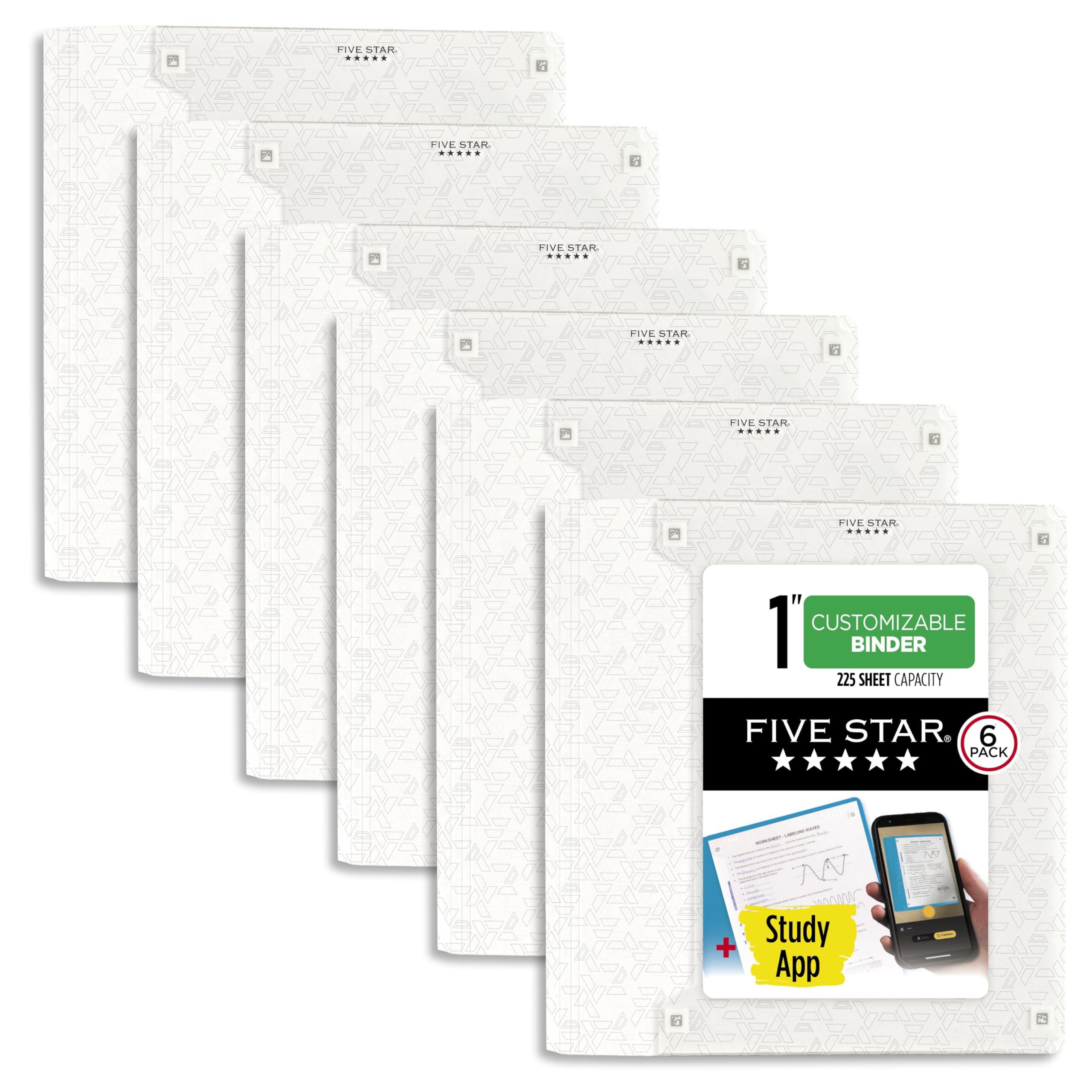 Five Star Lot de 6 classeurs à 3 anneaux, 2,5 cm avec anneaux en D, couverture transparente personnalisable + application d'étude, poli, blanc (261440B-ECM)