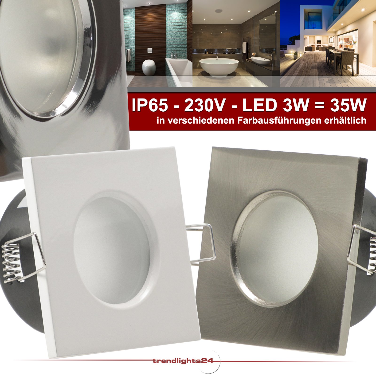trendlights24 AQB LED Decken Einbaustrahler Bad IP65 230V 7er Set 4W GU10 | Weiß, eckig, Neutralweiß, 4000k, Hochvolt, Spot, austauschbar, Einbauleuchte, Dusche, Feuchtraum, innen, außen
