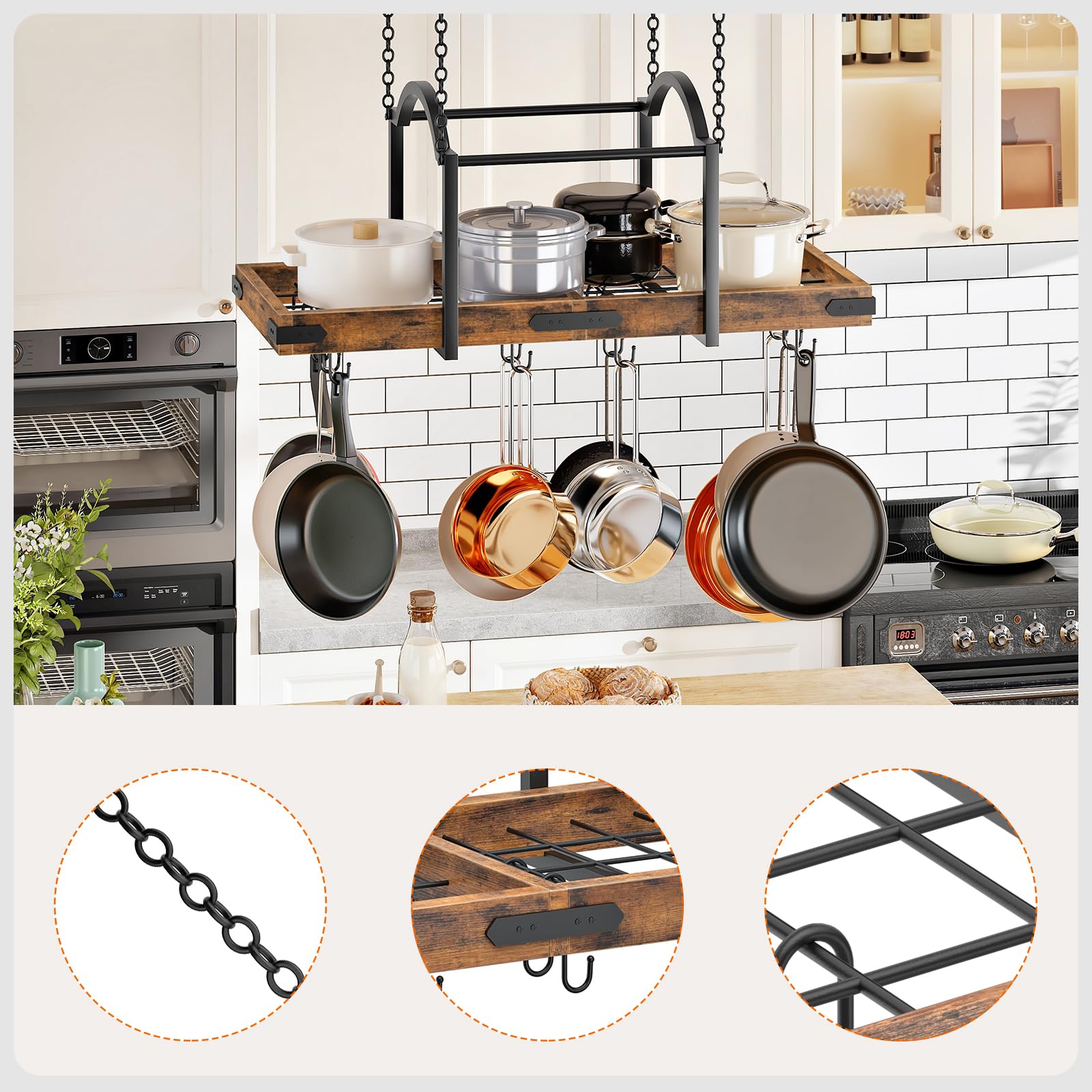 HOOBRO Topfdeckelhalter, hängendes Topfregal, Küchenregal mit 10 S-Haken, Deckenmontiertes Topf Organizer, Hängeregal mit Bogenrahmen für Töpfe und Küchenutensilien, Pfannenhalter für Küchen EBF80TL01
