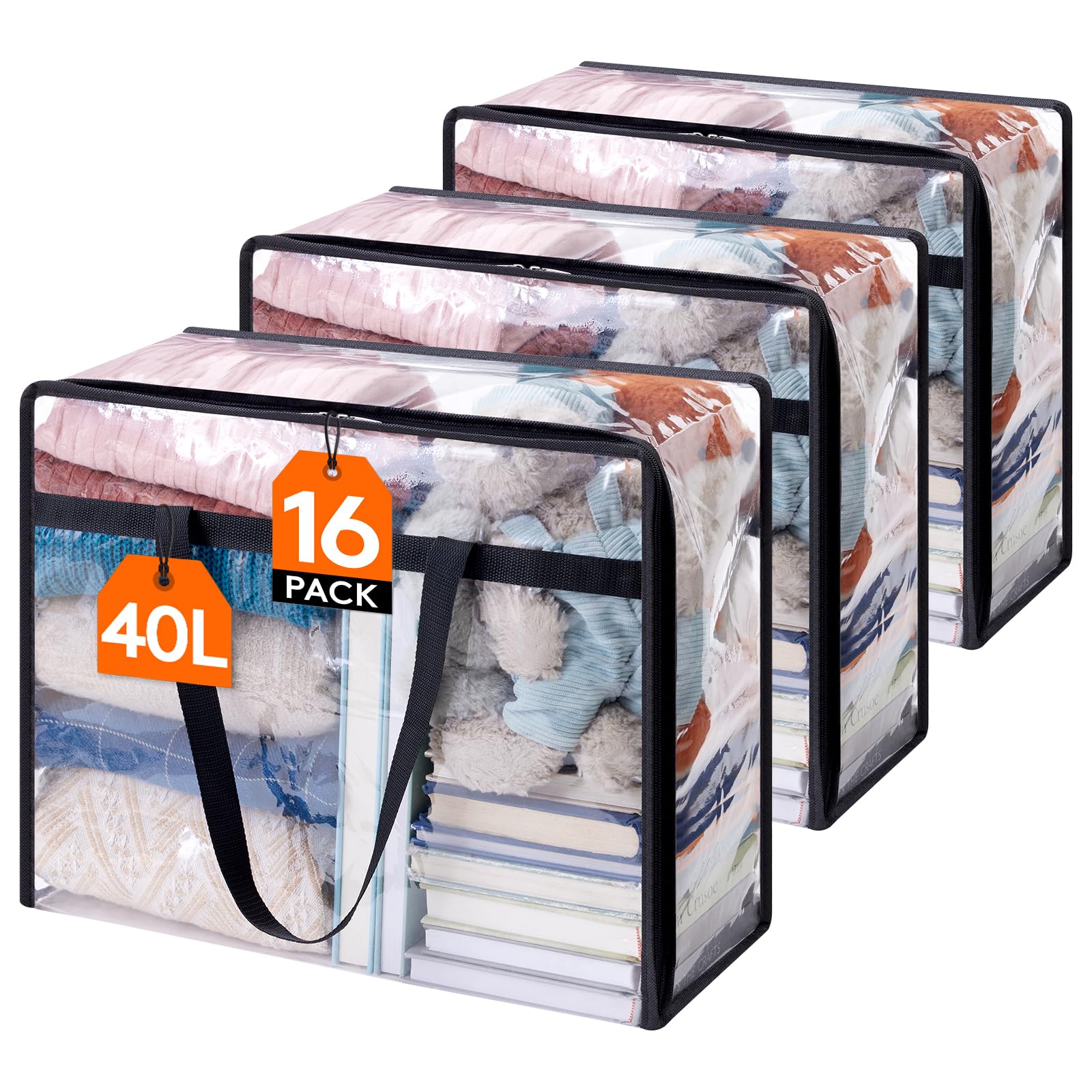 Lifewit 16 Pack Clear Clothes Storage Bags, 40L Plastic Blanket Storage Bag, Vinyl Foldable Moving Bags with Zipper, Closet Organizers and Storage Containers for Bedding, Duvet, Comforter