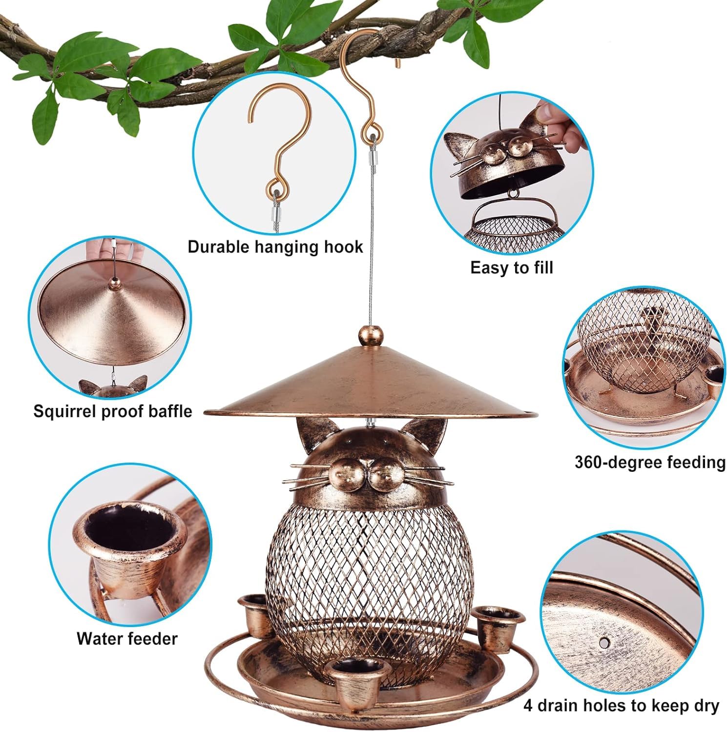 MLEPXBO Bird Feeders for Outdoors Hanging Squirrel Proof Metal Wild Bird Feeder Decoration for Hanging Outside Garden Yard with 3 Water Cups - Image 3