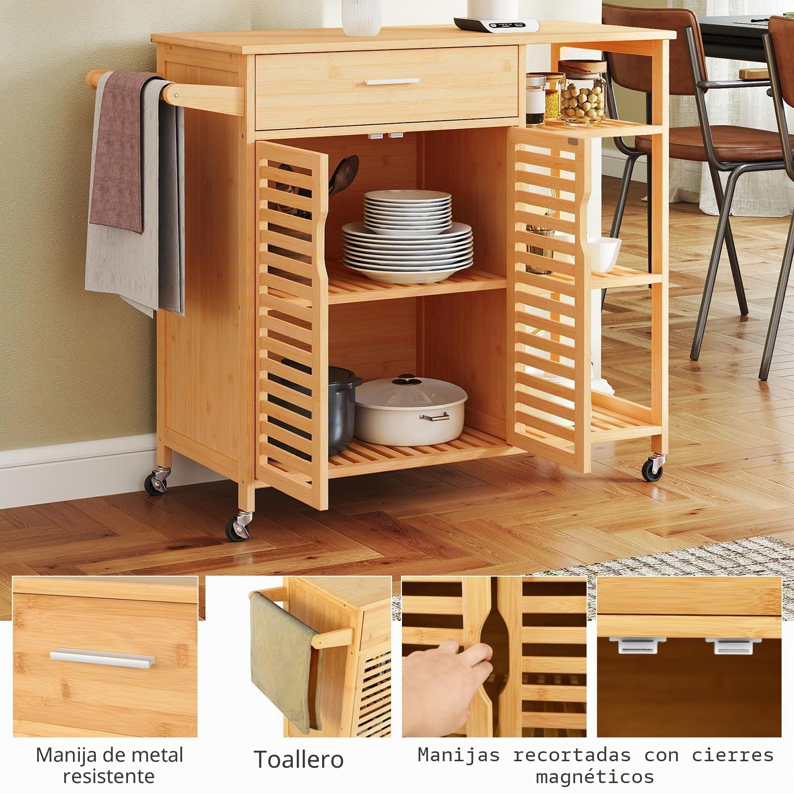 KOMFOTTEU Carrito de Cocina con Ruedas, Isla de Cocina de Bambú, Carro Auxiliar con Cajón, 3 Estantes Abiertos y Armario con 2 Puertas, Organizador Móvil para Comedor, 104 x 40 x 89 cm