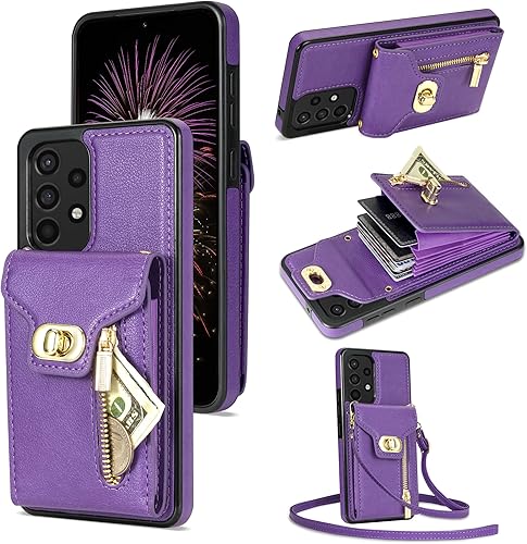 Asuwish Funda de teléfono para Samsung Galaxy A52A52S 5G Funda tipo cartera con tarjetero para tarjeta de crédito, ranura con cremallera, correa
