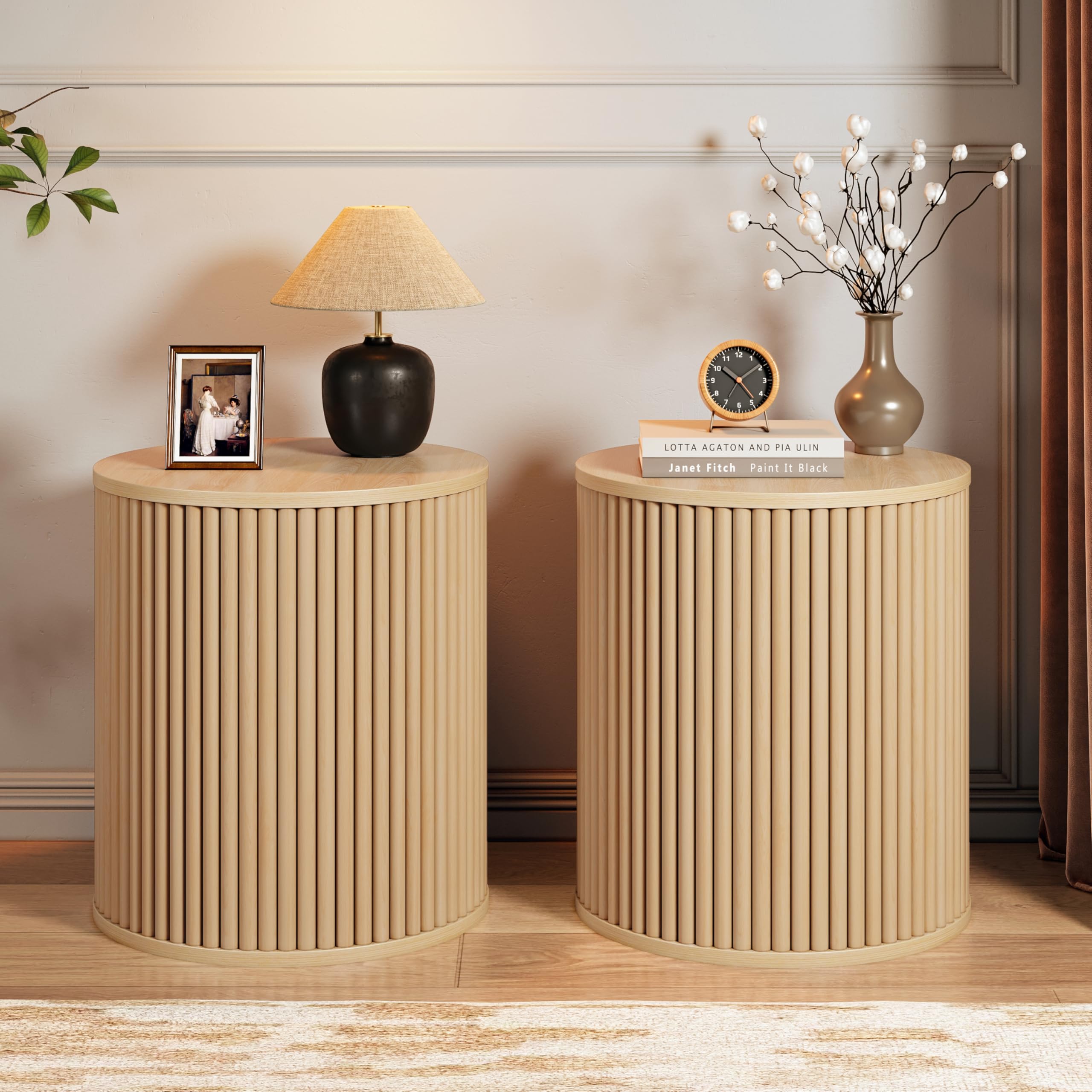 AVZEAR Small Round Side Table Fluted Night Stand Set of 2, Modern Boho End Table with Storage, Circle Bedside Tables Wood Nightstands for Small Spaces