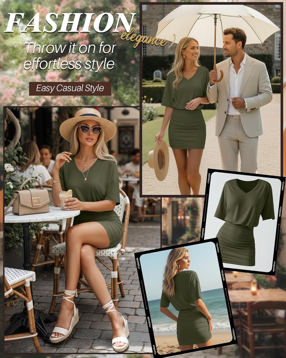 Women's Short Sleeve Ruched Bodycon Dress Casual V Neck Summer Cute Fitted Mini Dress - Image 5