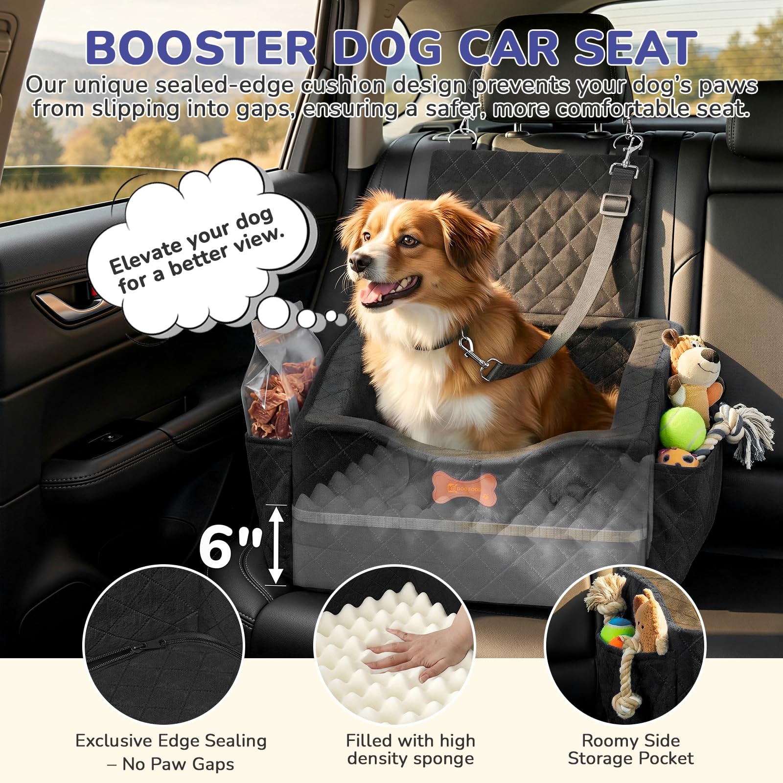 Dog Car Seat for Small Medium Dogs, 6" Elevated Dog Booster Seat with ISOFIX Safety Fixation, Washable Cover & High Density Memory Foam, Portable for Car Front/Rear/Trunk Home Outdoor Use (Jet Black) - image 4