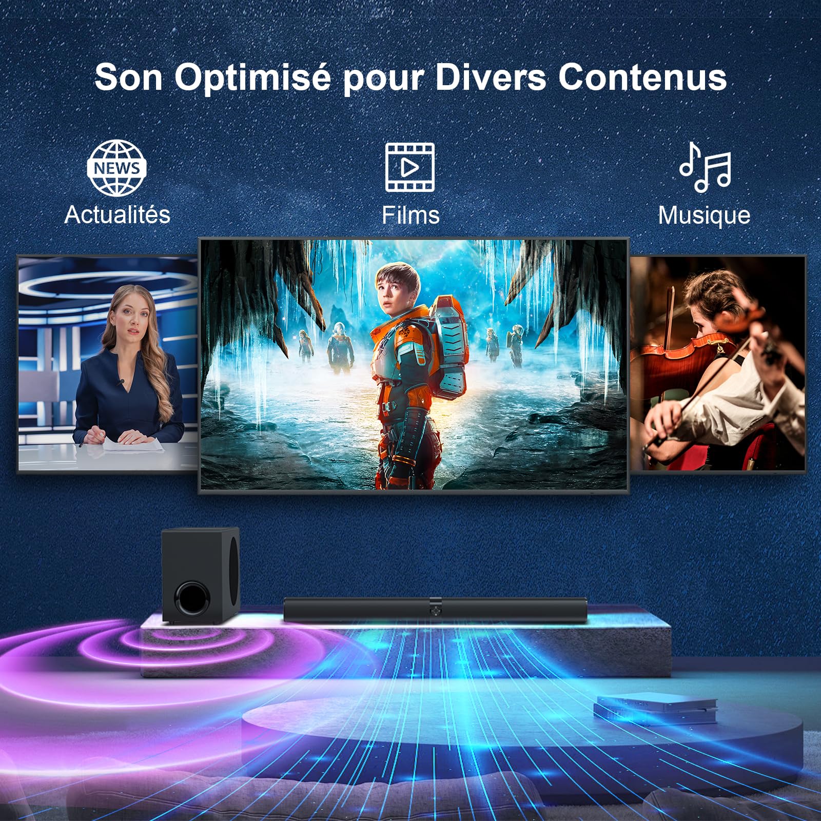 GarageRock Barre de Son pour Téléviseur avec Caisson de Basses, 110W Home Cinema avec Deep Bass&Volume Boost&3 Modes d'égalisation, Bluetooth 5.3/Arc/Opt/AUX, Surround System pour TV/PC/Projecteur