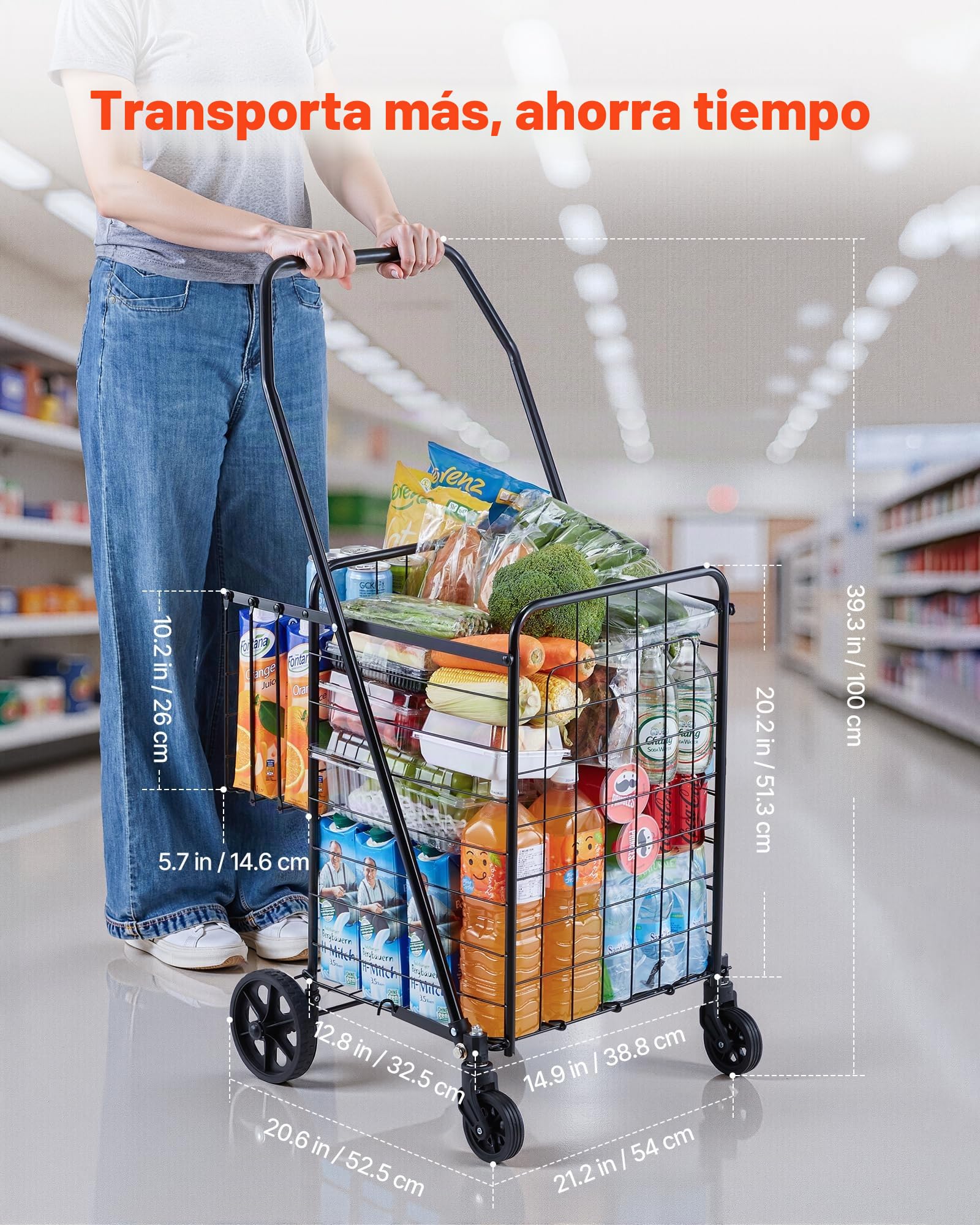 VEVOR Carrito de Compra, Plegable, con Dos Cestas, Revestimiento y Ruedas Impermeables, Capacidad de Carga de 45,3 kg, 64 + 10 L, Ideal para Lavandería, Compras, Camping y Comestibles, Negro