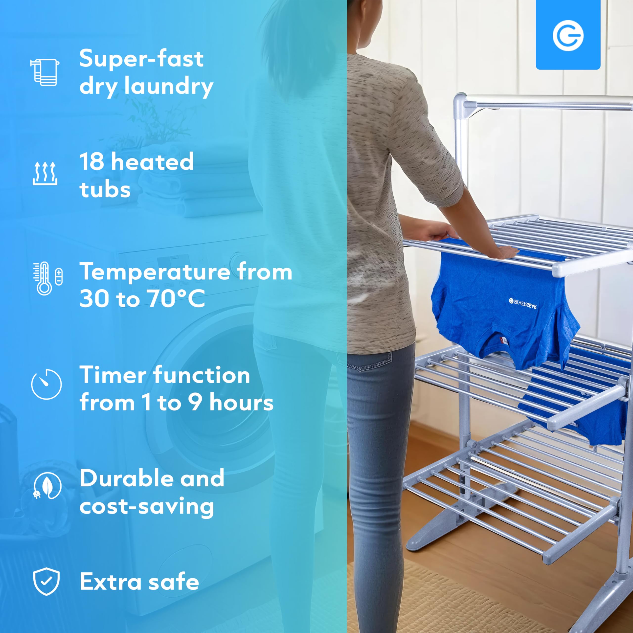 Silvergear® Suszarka do Bielizny Indoor Heating | Składana, 4-poziomowa taca na pranie | Regulowana temperatura 30-70°C | Szybkie Schnięcie | Kompaktowy i Bezpieczny | 147x54x94 cm | Szary