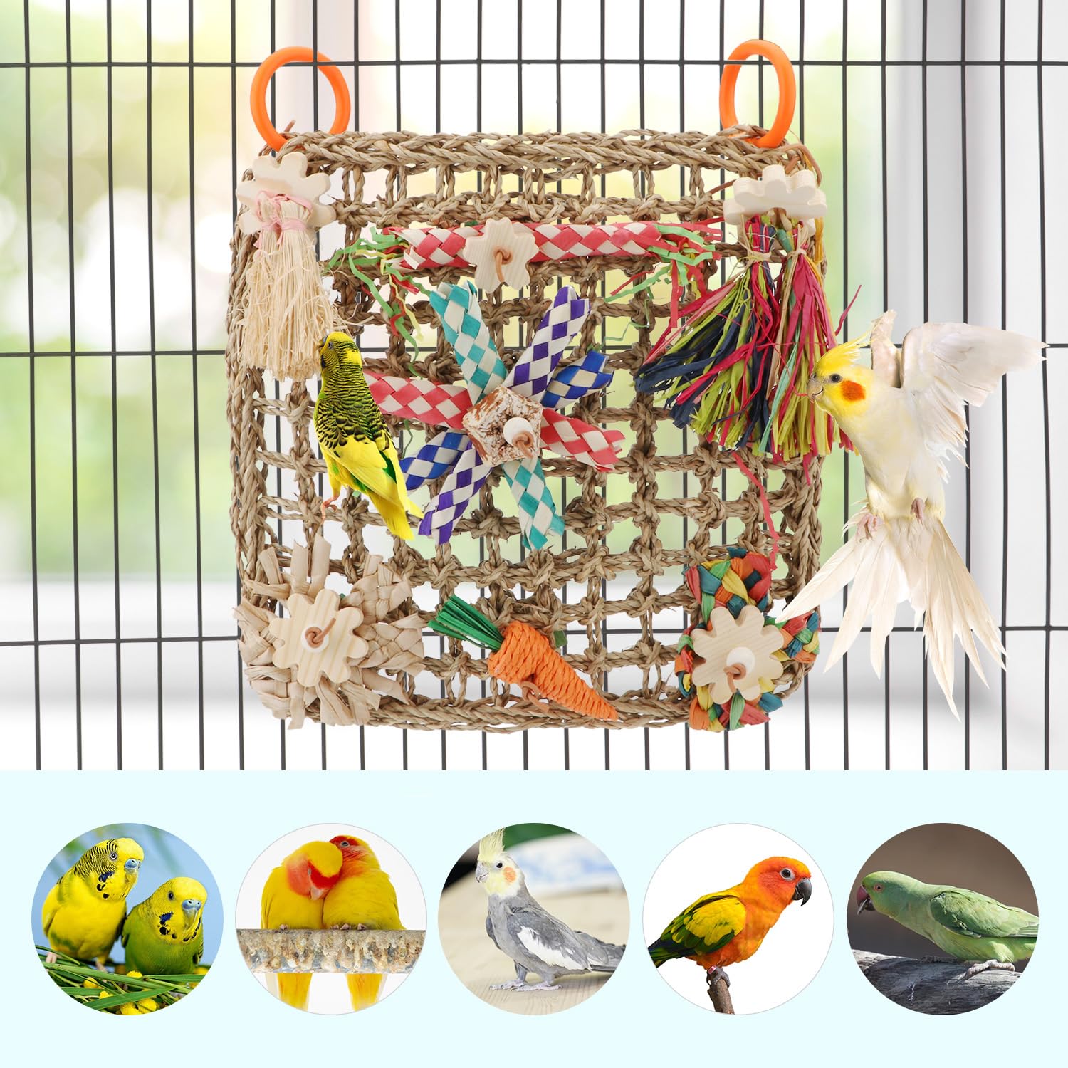 Hypeety Bird Toys Parrot Foraging Toys Bird Chew Toys Parakeet Shredding Seagrass Climbing Mat with Various Toys for Conure, Cockatiel, Lovebird, Parakeet, Budgie (L(Carrot)) - image 4