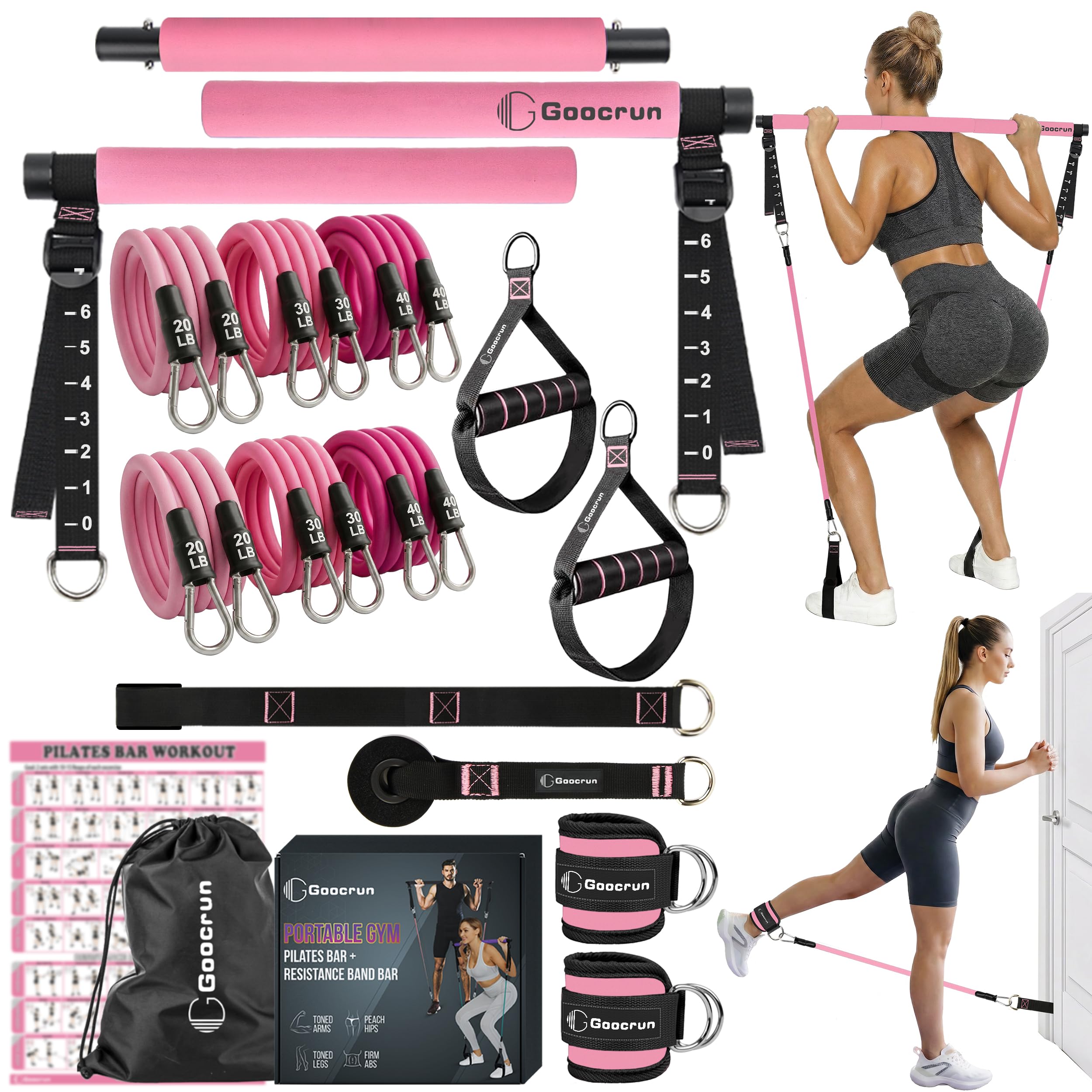 Goocrun Portable Pilates Bar Kit, Resistance Band Set with Handles. Home Gym with Door Anchor and Extension Strap. Supports Full-Body Workouts - with Fitness Posters and Videos