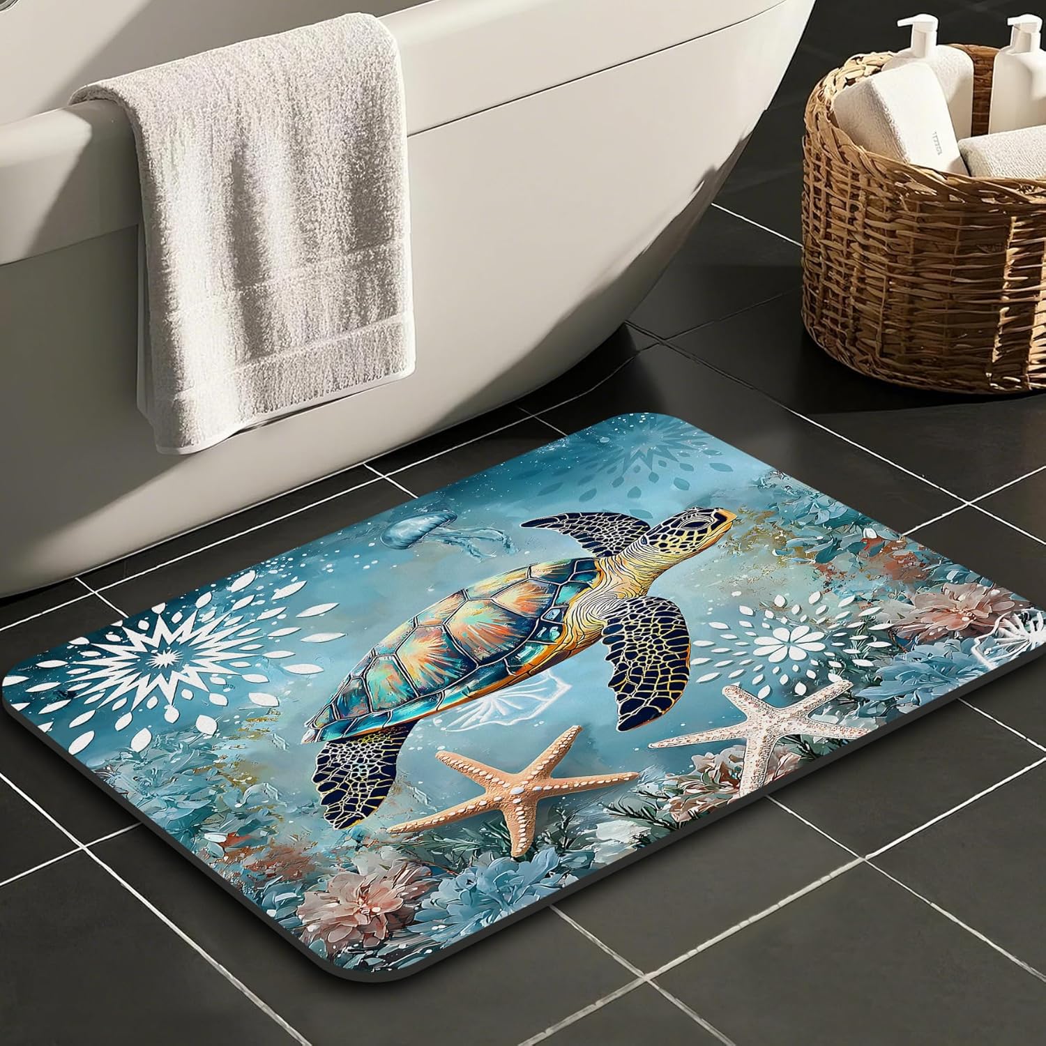 Sea Turtle Nautical Starfish Bathroom Rugs Mat Non Slip Super Absorbent Stain Resistant Quick Dry Thin Beach Bathroom Rug-Bath Mats for Bathroom Floor Bathtub,30"x20"
