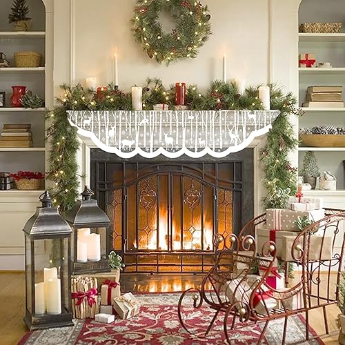 Miniatura 2 de White Christmas Fireplace Mantel Cover  Lace Reindeer Snowflake Mantle Scarf Garland Runner Decor - Xmas Fireplace Decorations for Living Room