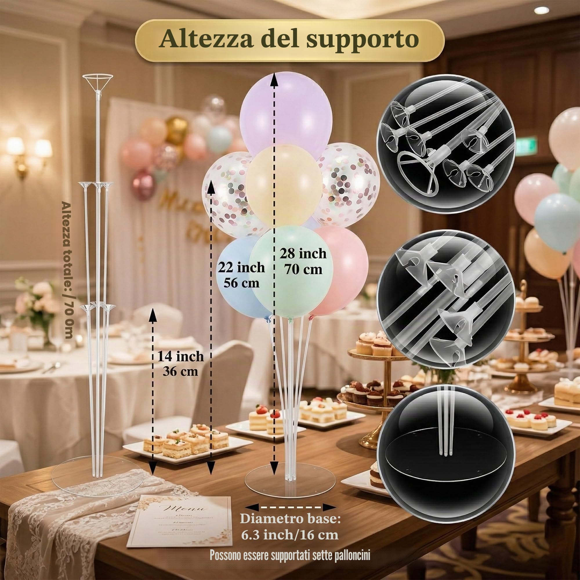 Kit di supporti per palloncini da 6 pezzi | 71 cm Supporti riutilizzabili per centrotavola per compleanni, matrimoni e baby shower | Supporto per palloncini trasparente per pavimento o tavolo |