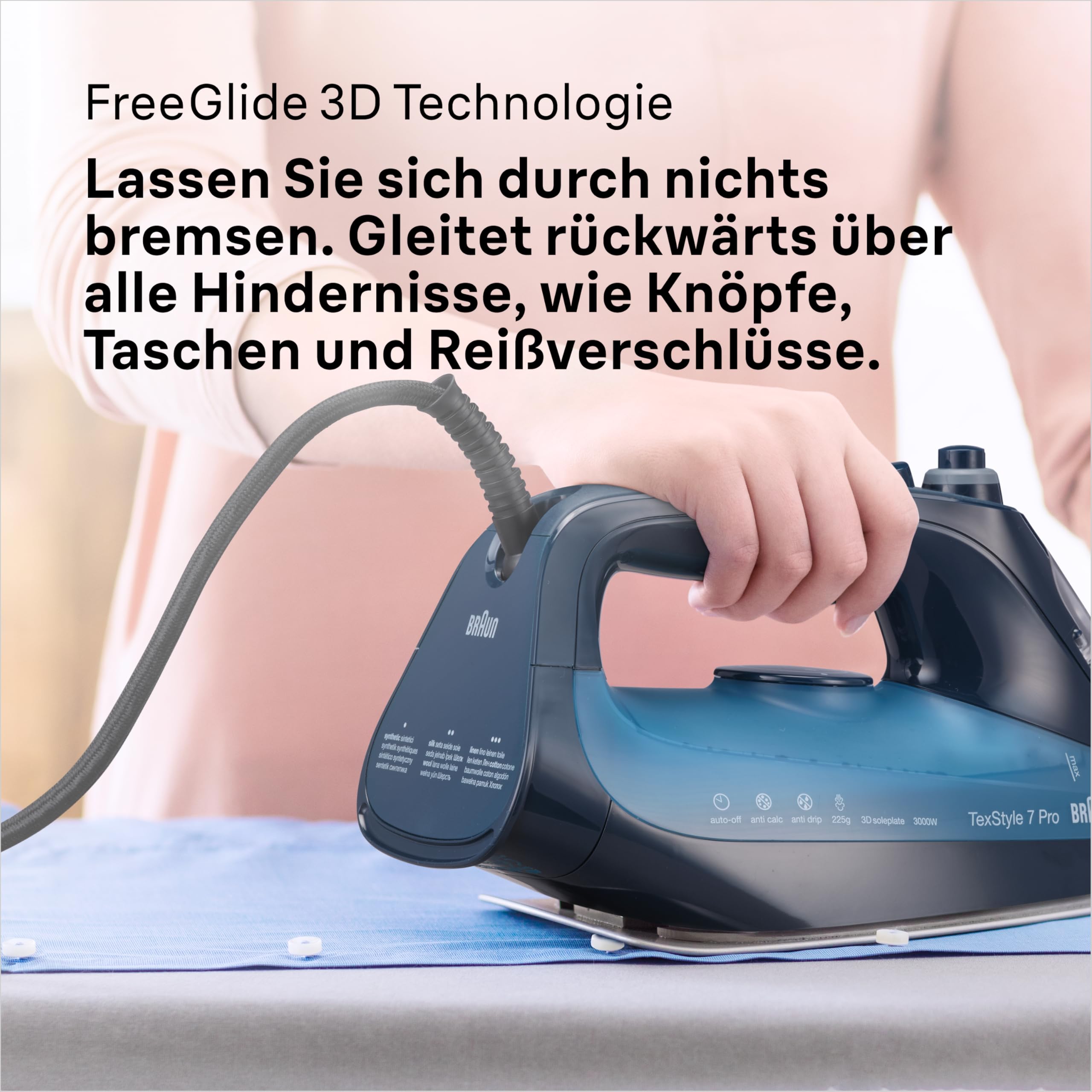 Braun TexStyle 7 Pro Dampfbügeleisen SI 7160 BL - Bügeleisen mit Freeglide 3D Bügelsohle, Vertikaldampf, 3000 Watt, Blau