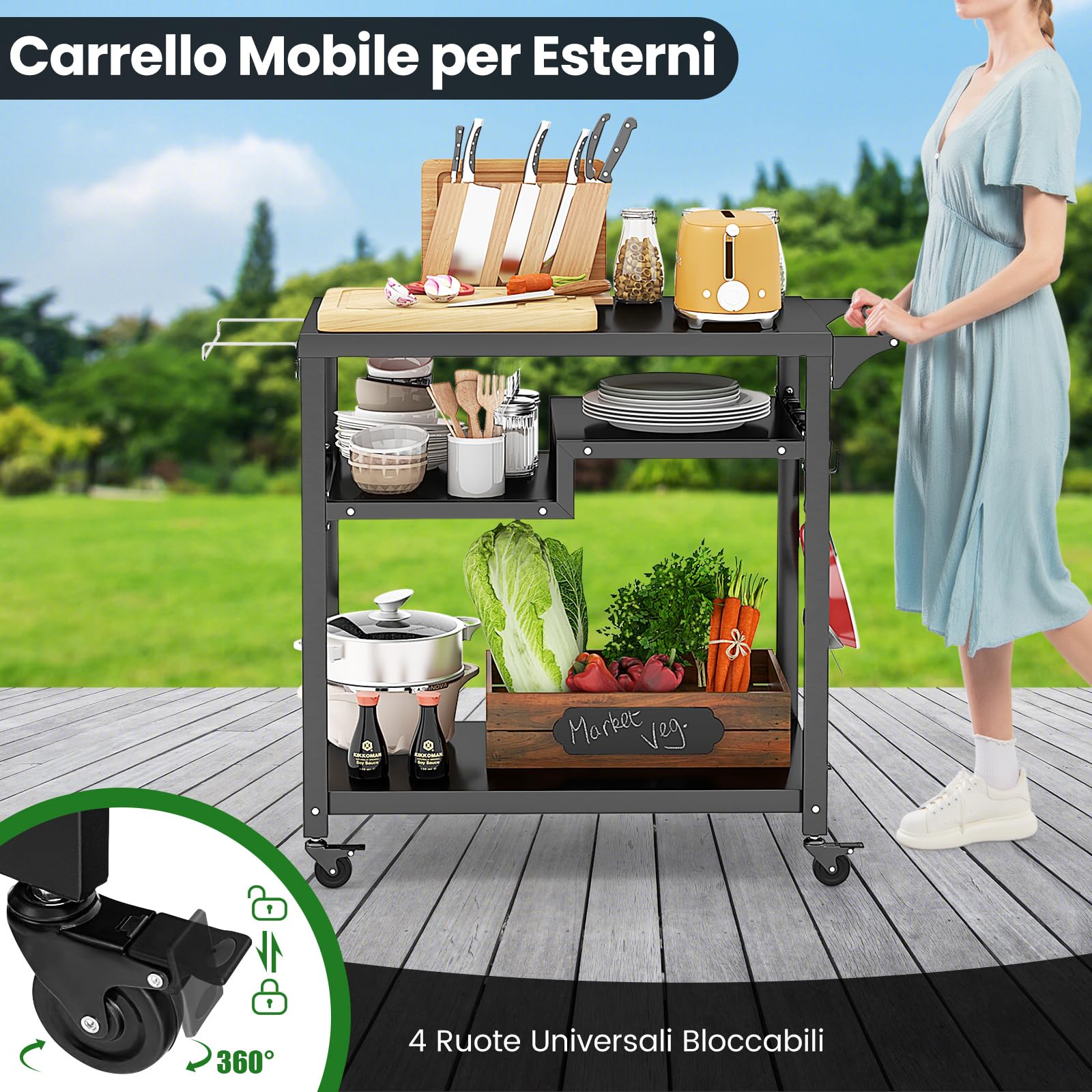 GYMAX Carrello da Barbecue per Esterno, Carrello BBQ Mobile con Ripiani, Ganci, Tavolo Multifunzionale con Ruote Bloccabili e Maniglia Laterale