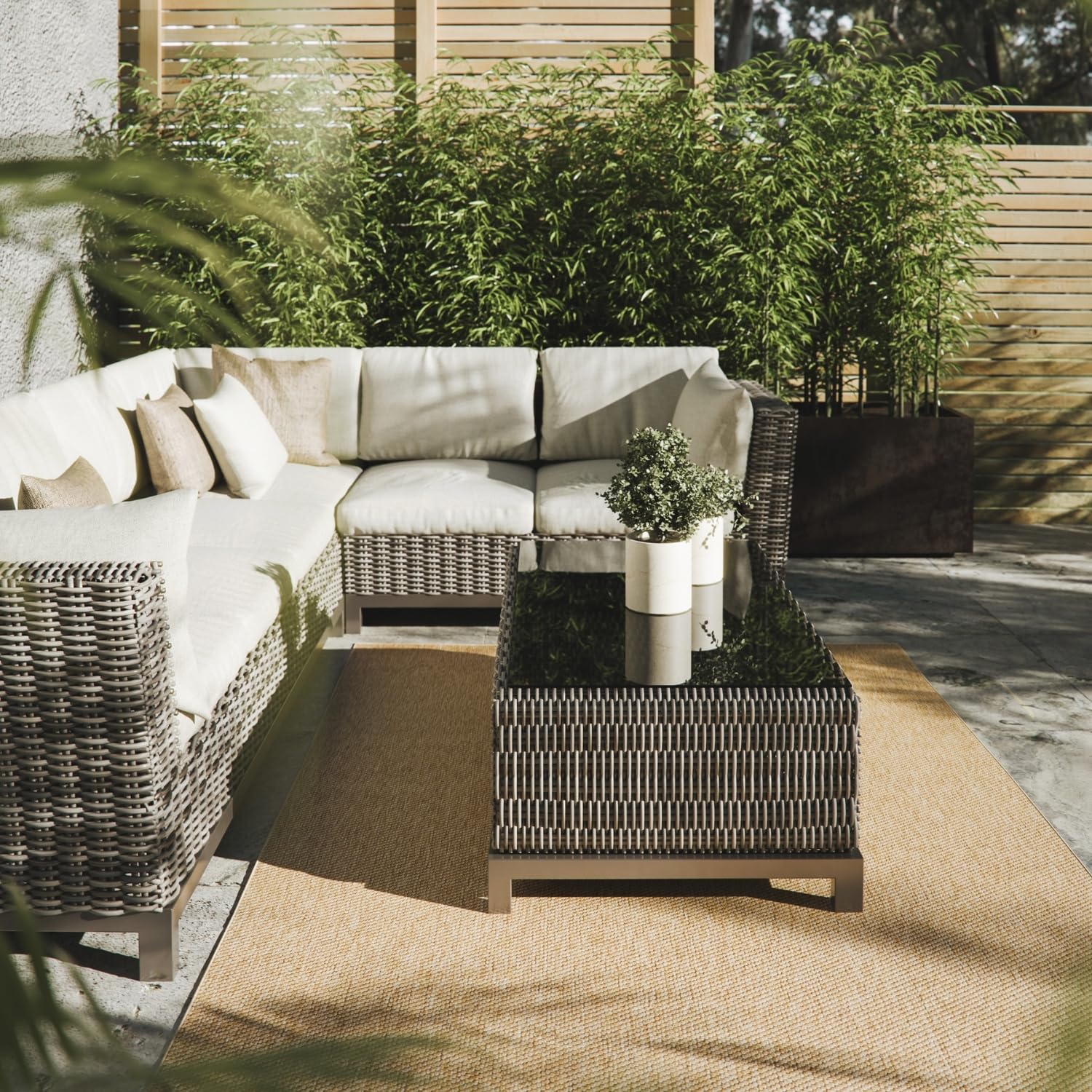 Interiyou Alfombra Exterior Asti - 200x300 cm Beige - Apariencia de Yute - Resistente a los Rayos UV para Exteriores: balcón, terraza, jardín o Cocina - Tejido Plano
