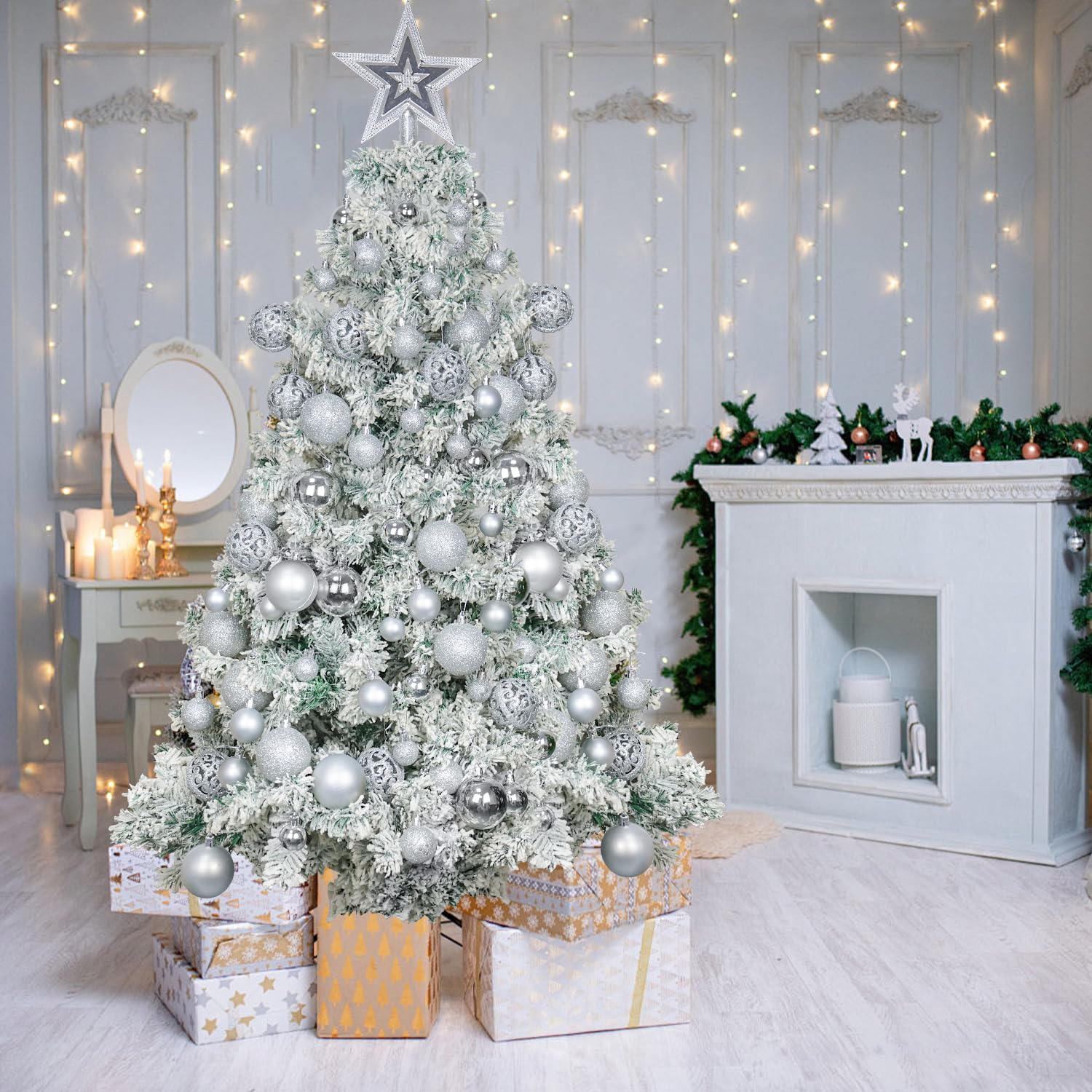 Lot de 101 boules de Noël en plastique incassables à suspendre pour décoration saisonnière avec 1 étoile de sapin de Noël (argenté)