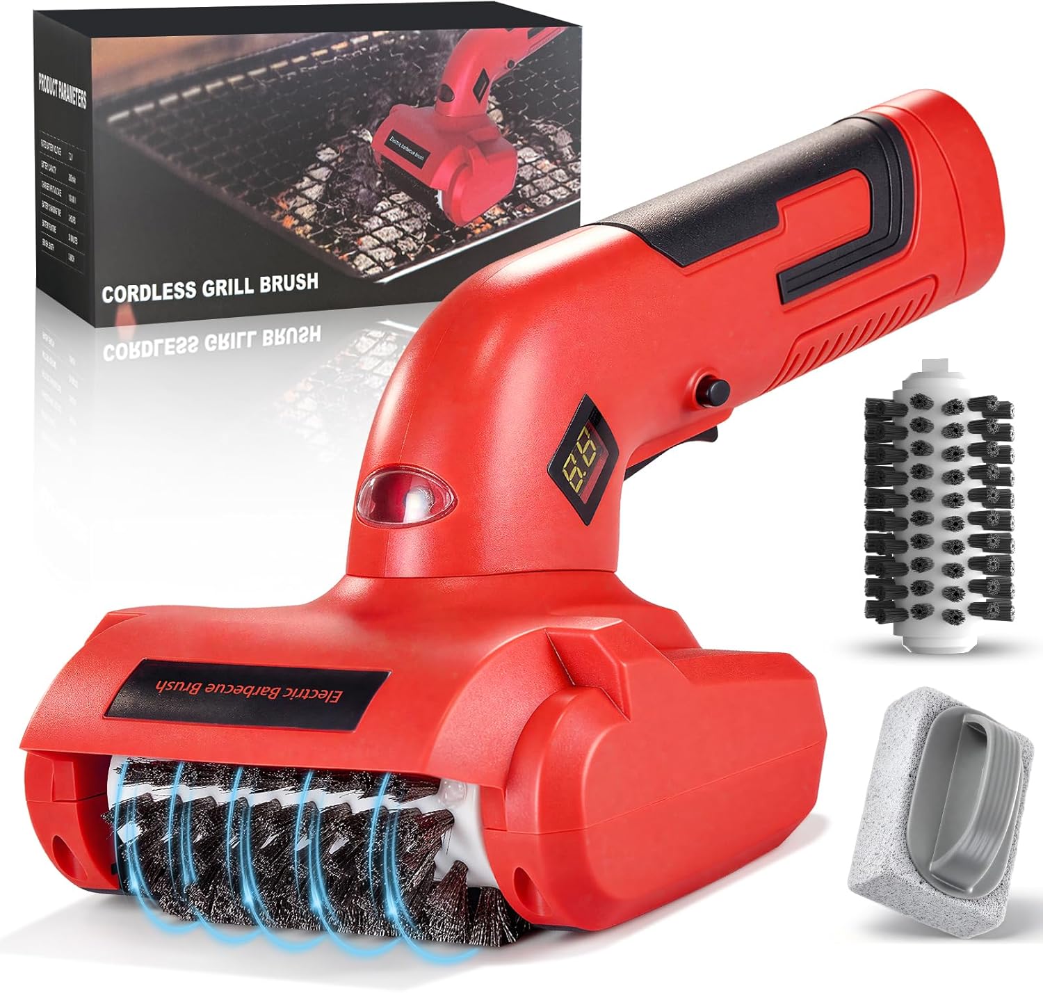 Upgraded Electric Grill Brush, Cordless Rechargeable BBQ Grill Cleaner with 2 Stainless Steel Head, 1 Cleaning Stone, IPX3 Waterproof, Safety Lock & LED Light for Outdoor Grill Grates