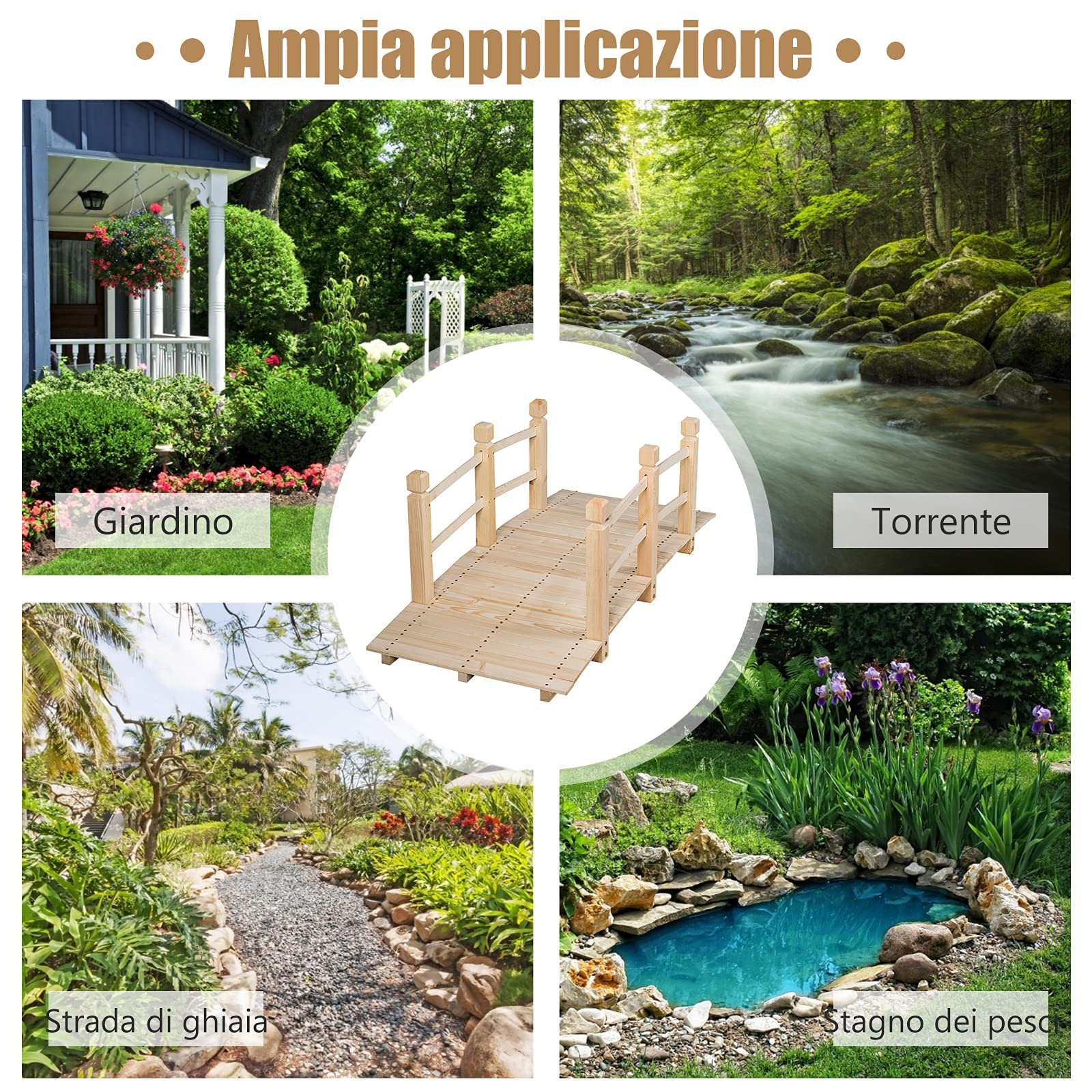 GYMAX Ponte da Giardino in Legno Lungo 150cm，Ponte Paesaggio Antico, Decorazione per Esterno (Naturale)