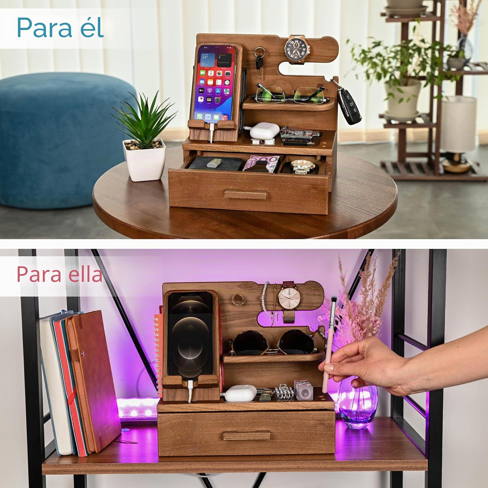 TESLYAR Estación de Acoplamiento de Madera para Teléfono con Cajón Organizador de Escritorio para Marido Regalos de Cumpleaños para Hombres Papá Regalo Padre Dia del Padre Regalos