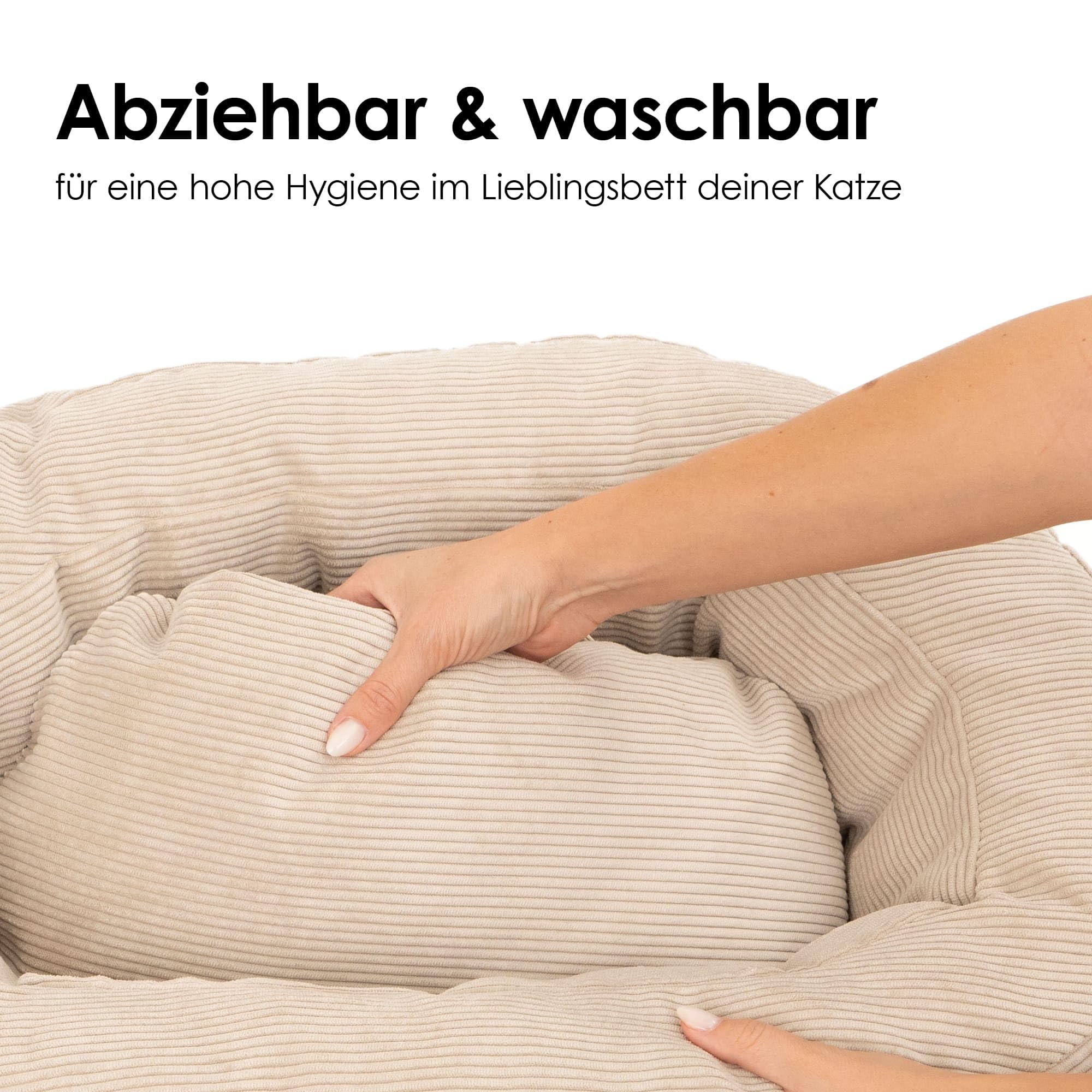 LucyBalu® Nest Katzenbett rund aus Cord I kompakter Schlafplatz zum Einkuscheln I waschbar mit abnehmbarem Bezug I Ø 55 cm für Kitten & kleinere Rassen I Sand