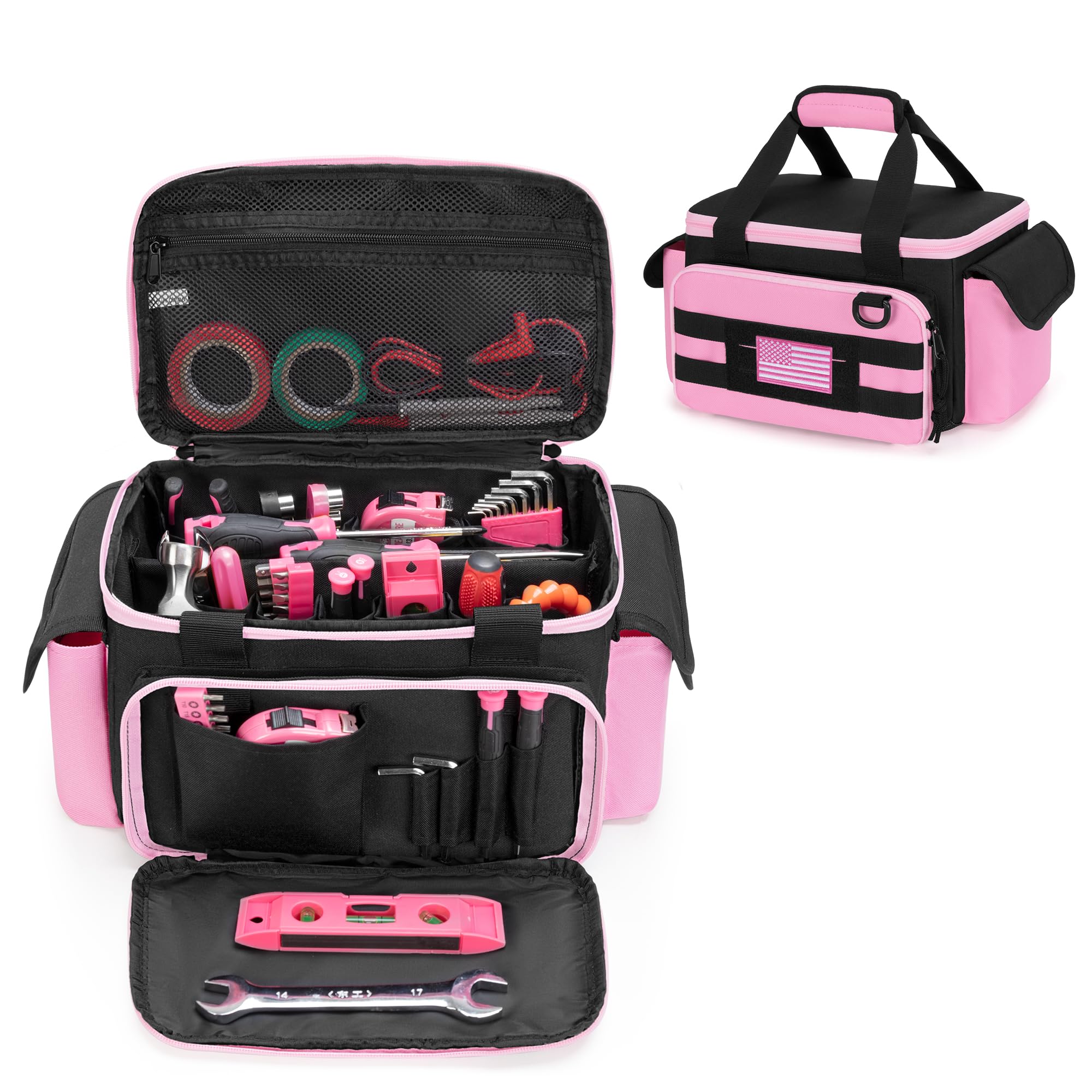 Rexmica Small Tool Organiser with Anti-friction and Thick Padded Bottom, Tactical Range Bag for Women, Multi-functional Work Bag for Repairman, Electrician, Carpenters, Pink