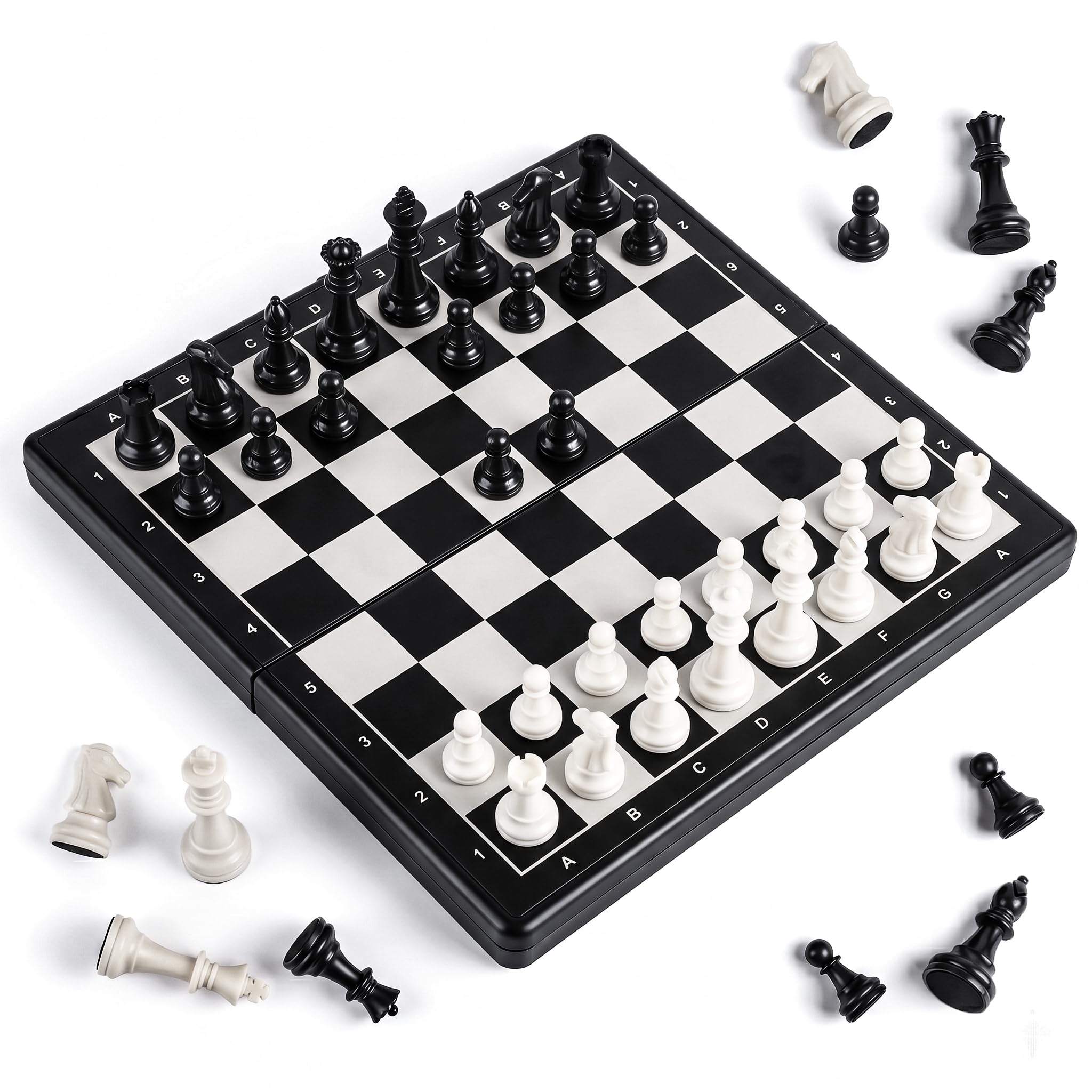 Magnetic Travel Chess Set with Folding Board, Black & White, 7x7 in