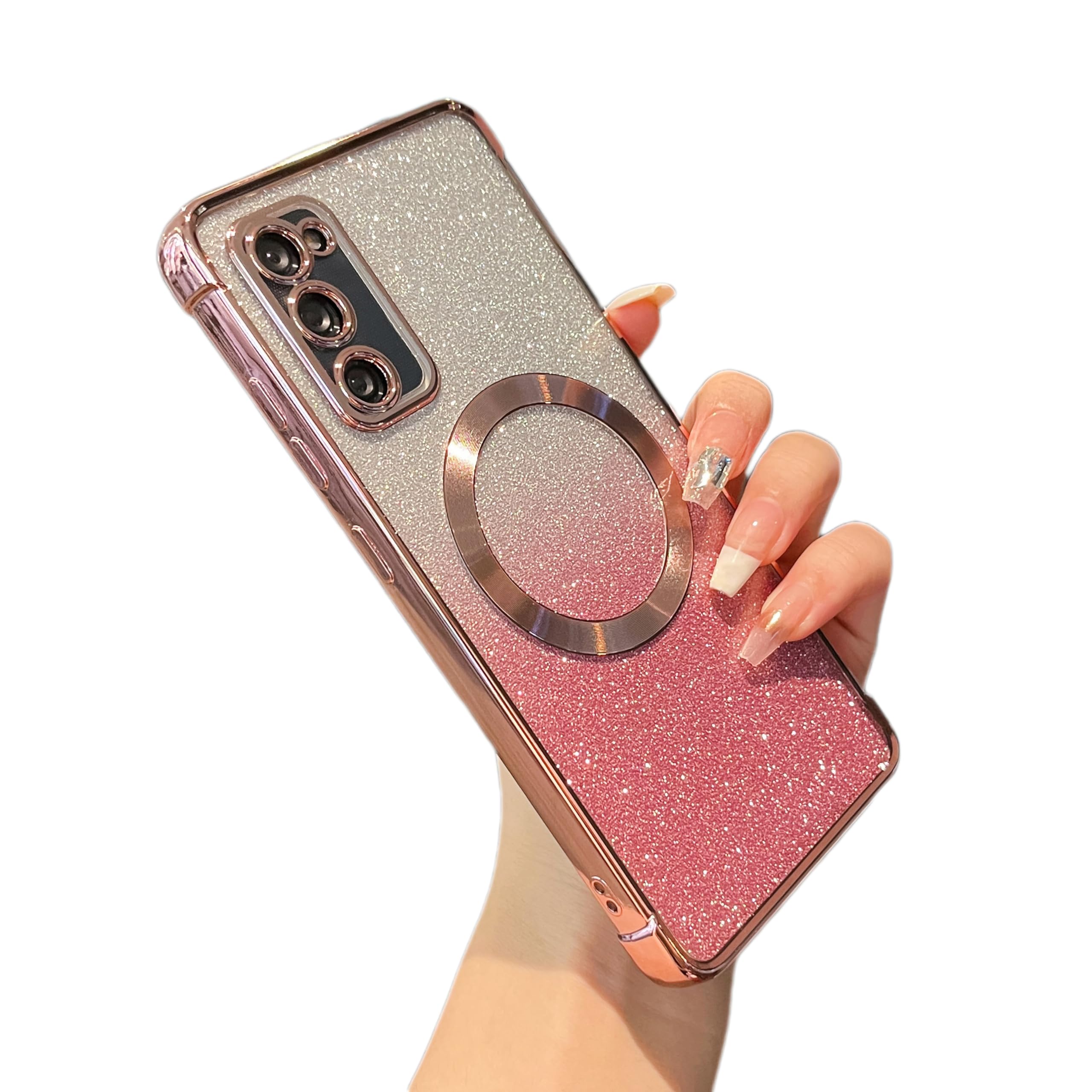 ZTOFERA Clear Magnetic Case for Samsung Galaxy S20 FE 5G with Gradient Glitter Peice(2 in 1), Luxury Plating Cute Transparent Bling Sparke Case for