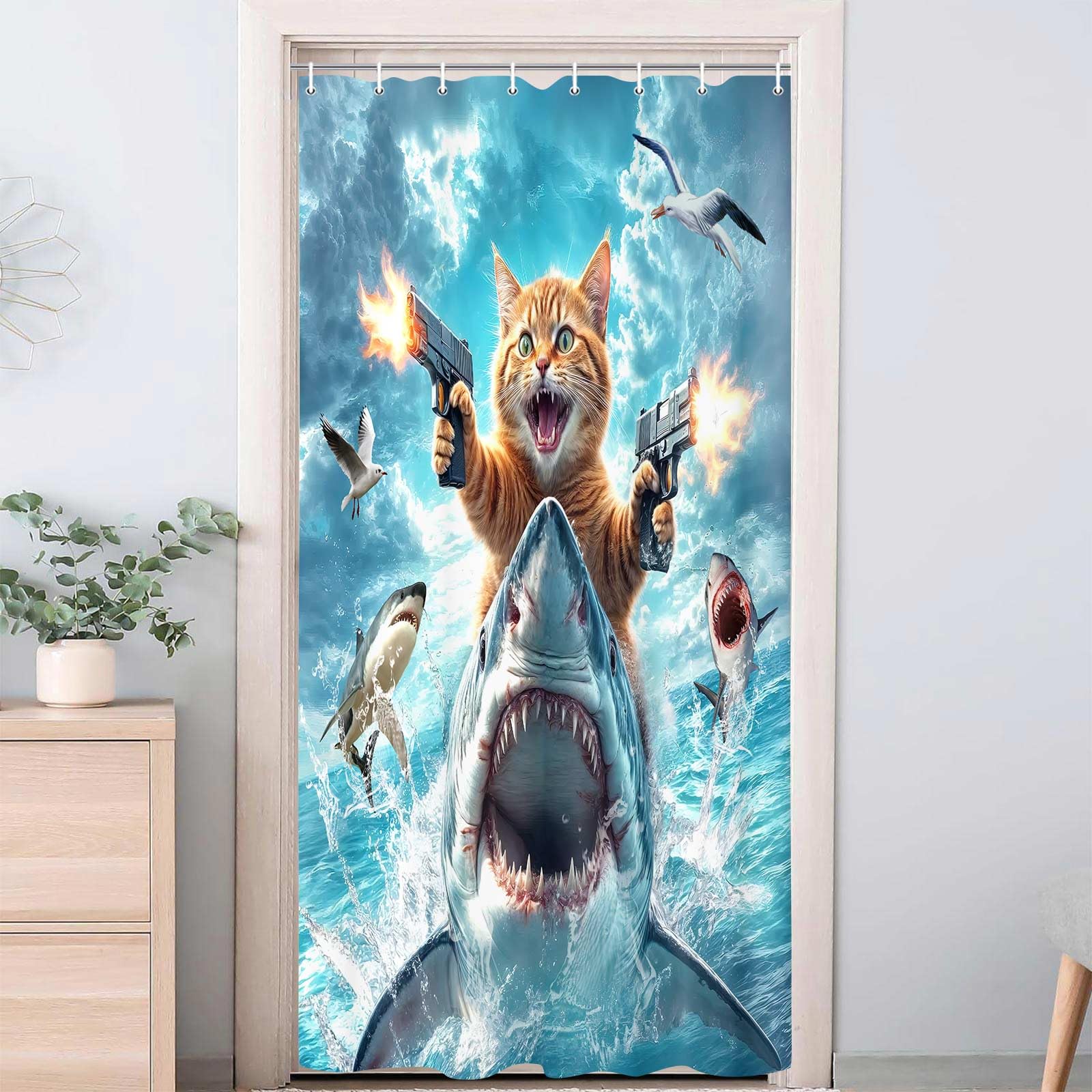 JAWO Lustiger Katzen-Duschvorhang – Katze Reitet Auf Hai, Ozean-Design, Polyester, Inkl. Haken, Für Badezimmer-Deko