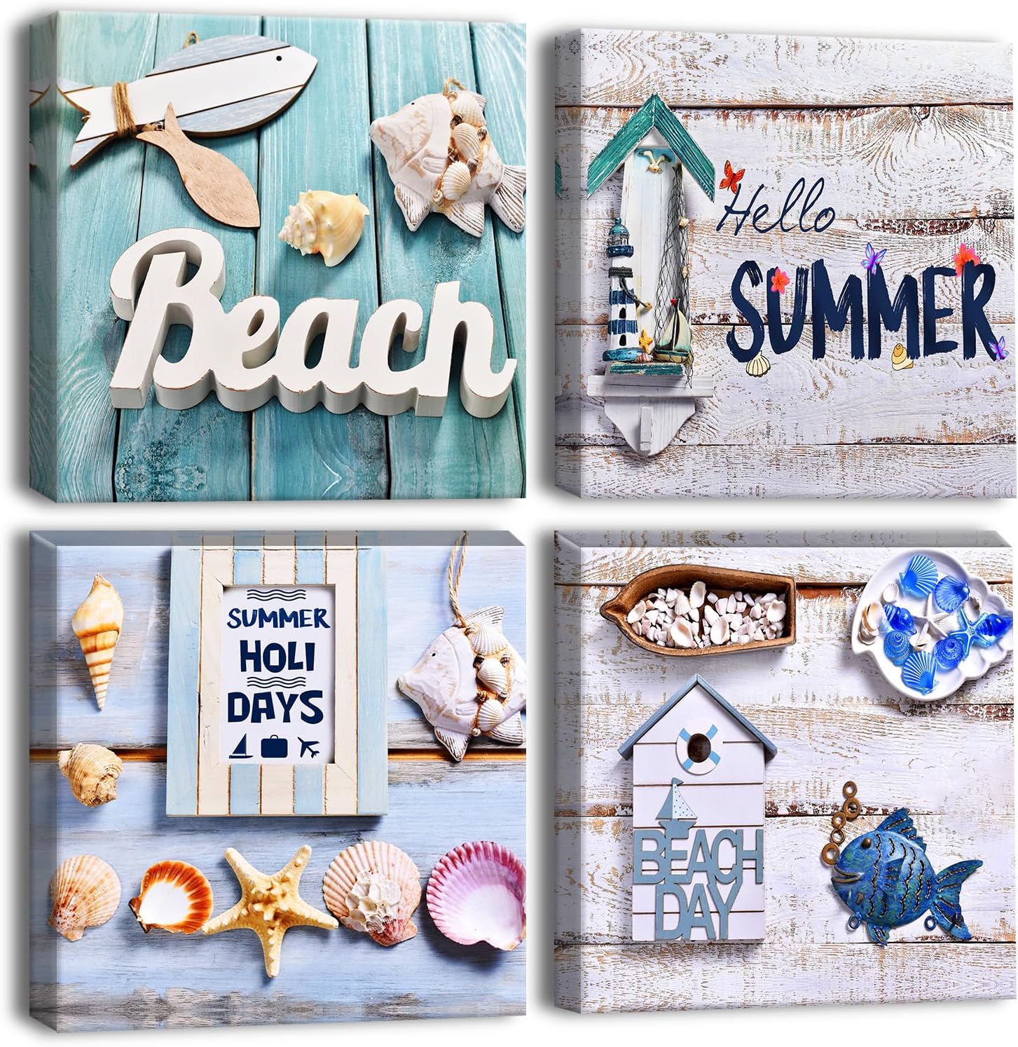 Artscope 4 Pieces Wall Art Canvas Prints - Beach Holiday Picture Painting- Modern Wall Artwork Framed for Bathroom Home Office Decor - 30 x 30 CM