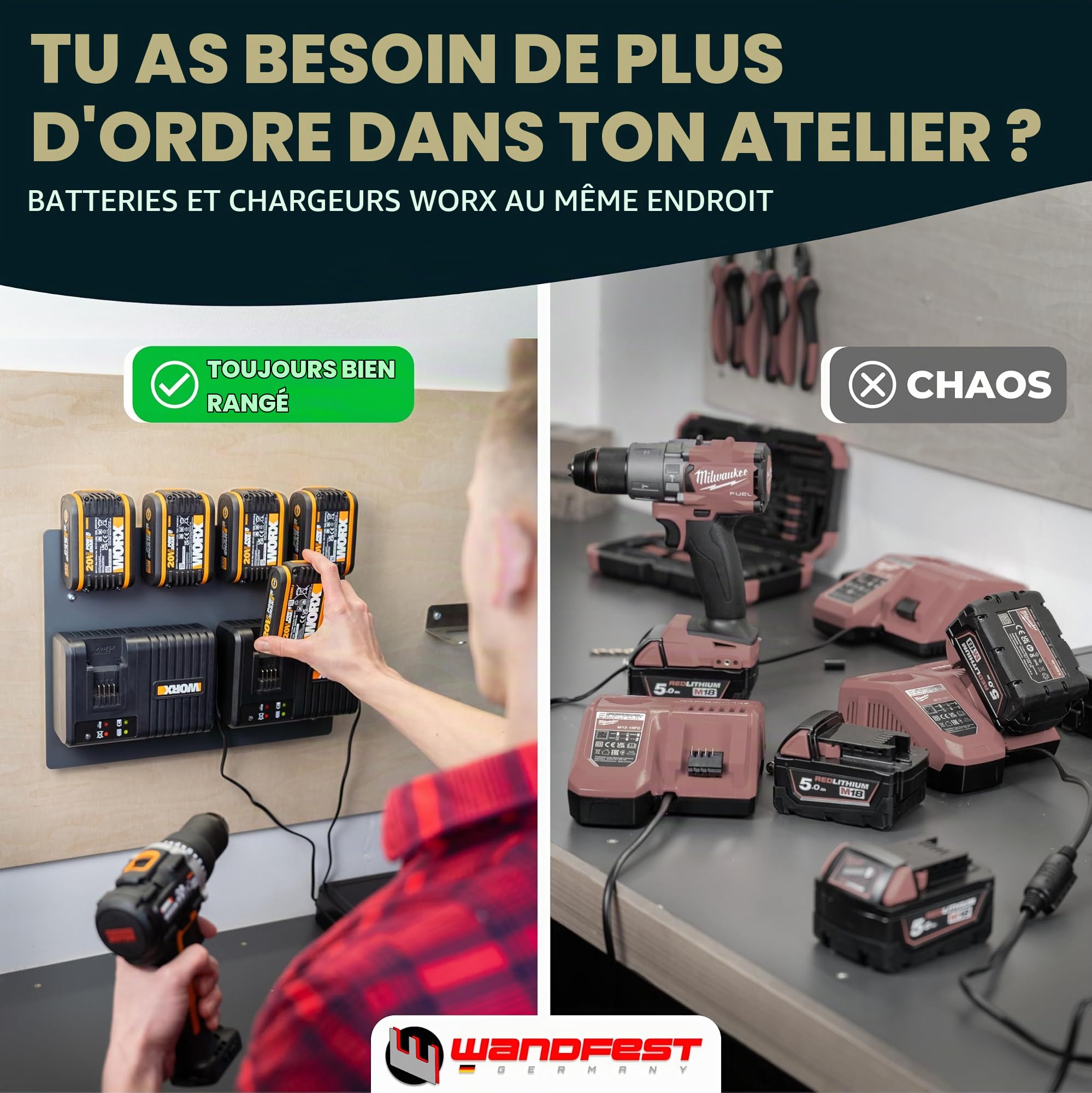 Wandfest® Worx Support mural pour 4 batteries et chargeurs Worx - Fabriqué en Autriche - Pour 4 batteries - Maintenant plus d'ordre dans l'atelier et le garage