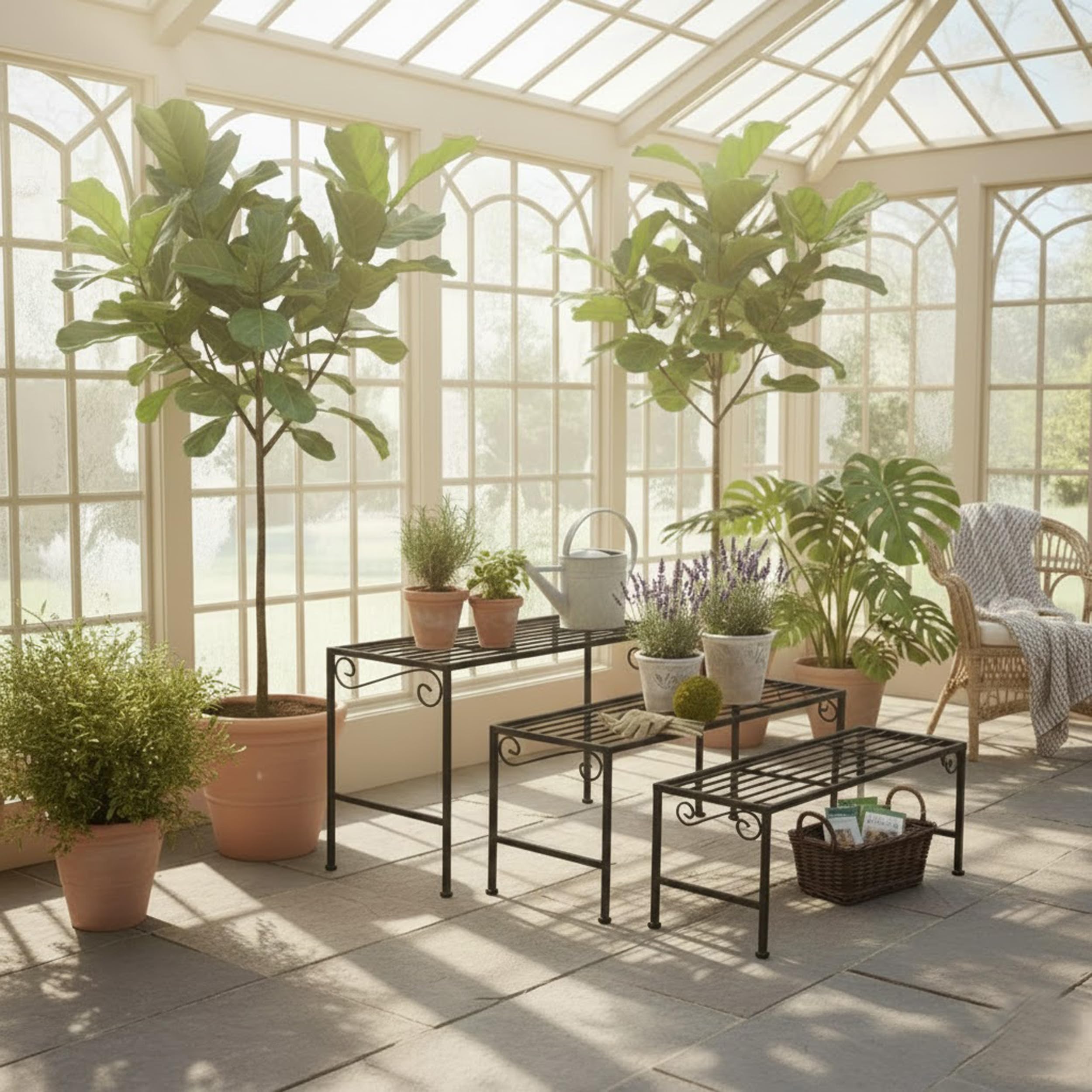 PrimoLiving Metalen XL bloementrap 3-delig crème - inklapbare 3-traps bloemenbank metalen bank bloemenrek outdoor indoor plantenstandaard tweedelig plantenrek voor balkon terras tuin P-14981