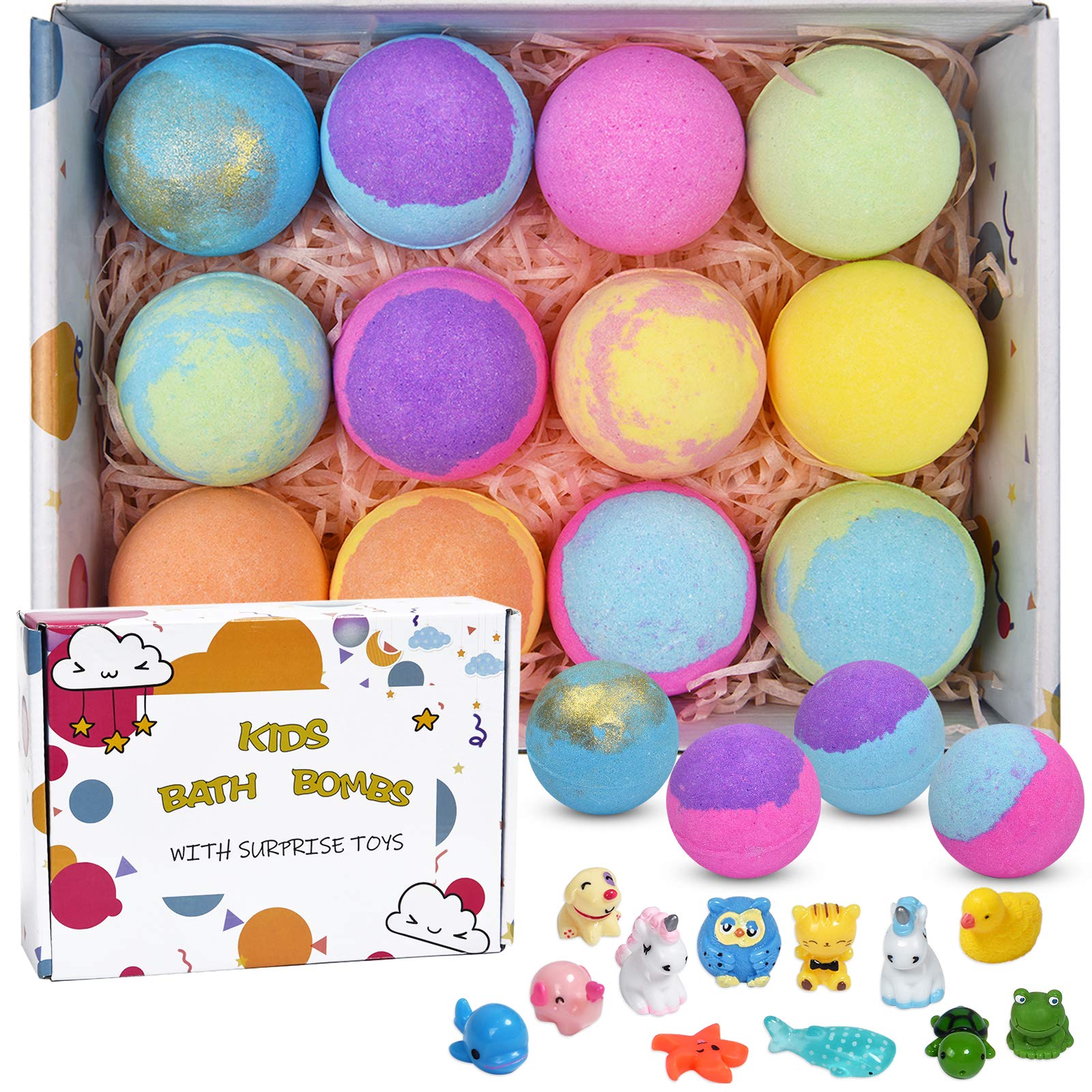 12 Bath Bombs for Kids with Toys Inside, Fizzies Organic Essential Oil Bath Bombs, Gentle and Kids Safe, Great for Spa & Bubble Bath Colorful &Scented, Handmade Bath Bombs Gift Set