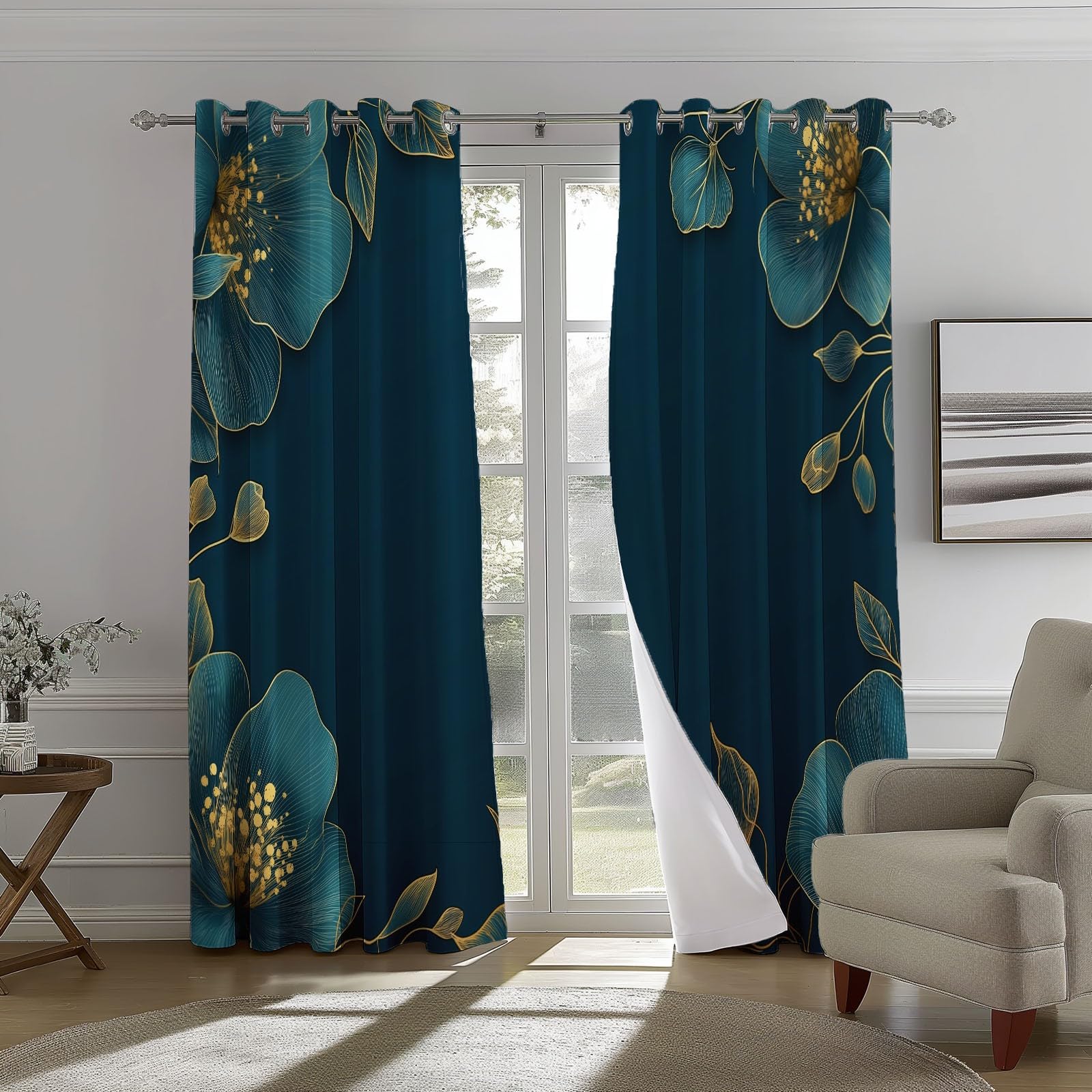 Rideaux Isolants 110L X 215H cm (2 Panneaux), Design Fleurs Modernes Cadre Tenture Opaque Anti-Chaleur pour Chambre Principale, Bleu Or